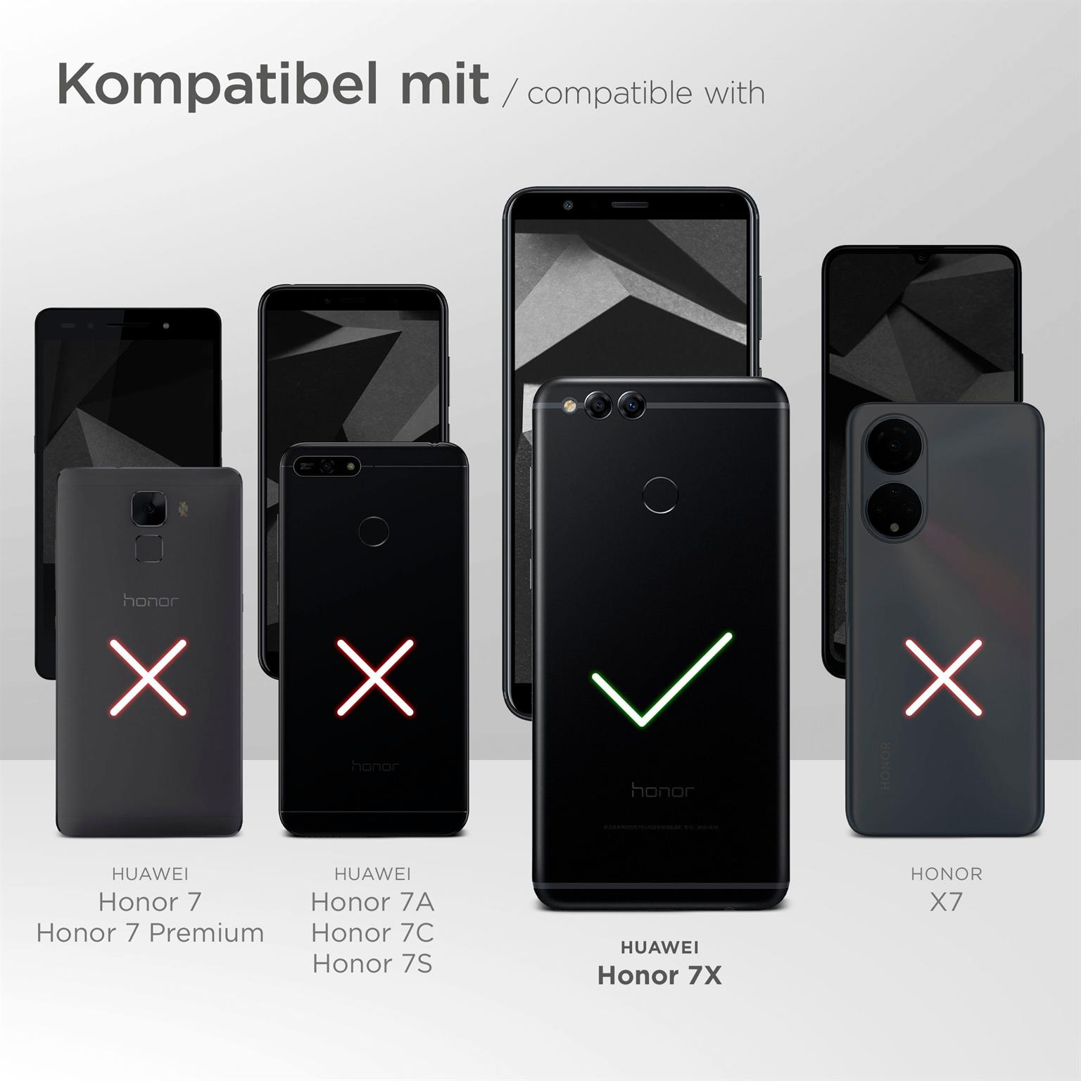 Telefone mit Hüllen. Einige zeigen Kompatibilität, andere nicht. Text zeigt kompatible Telefonmodelle.