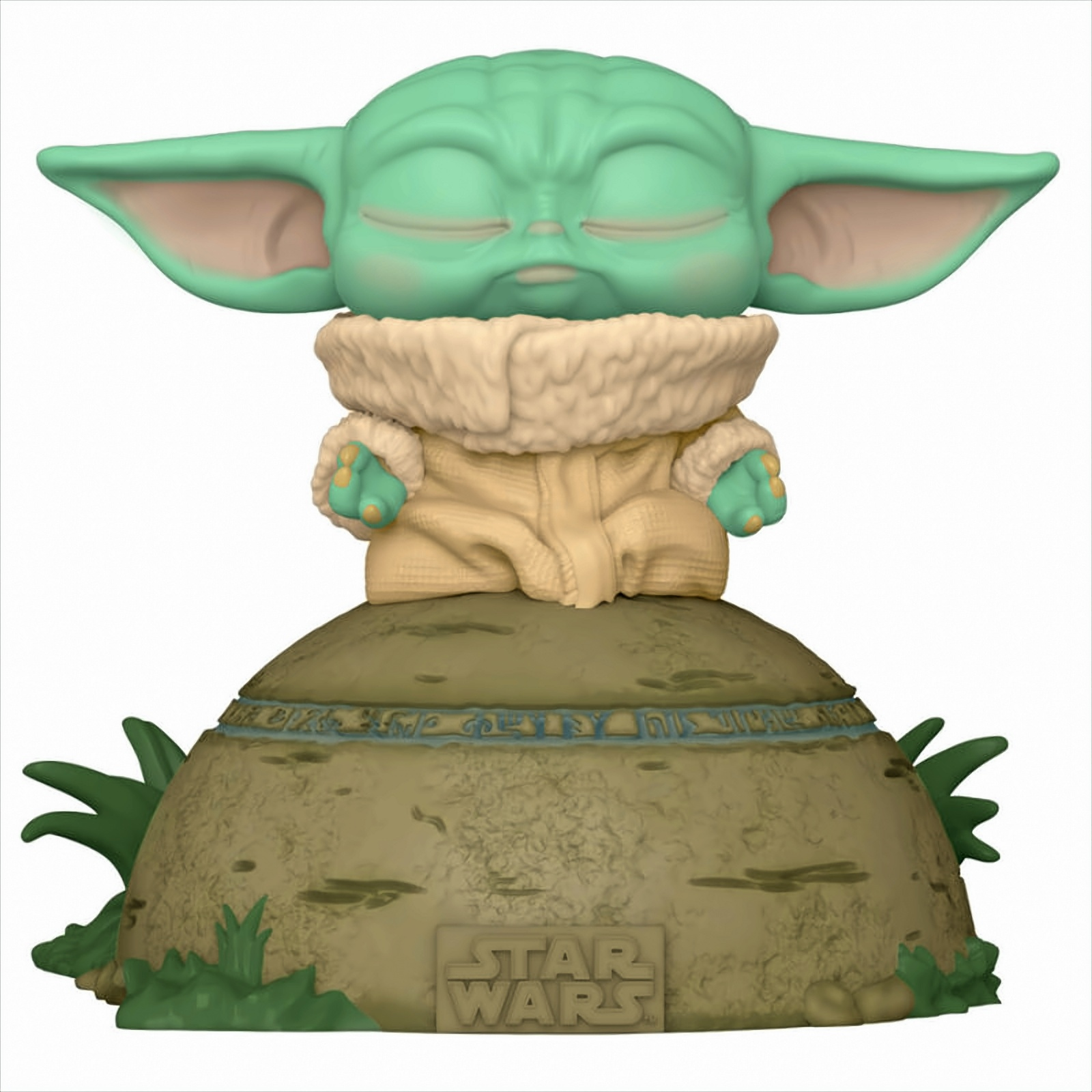 Statuina di Baby Yoda che medita su una roccia con il logo di Star Wars.