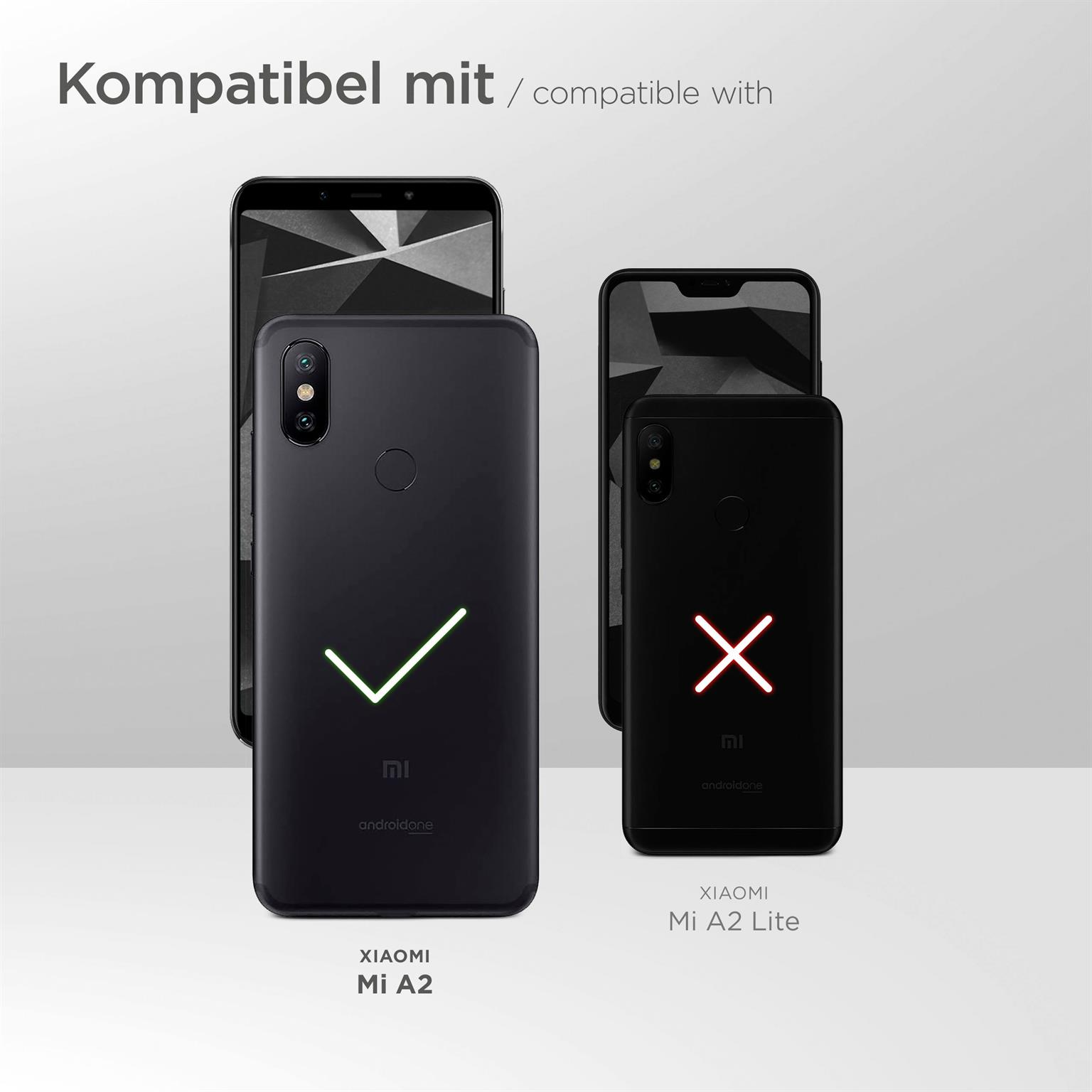 Telefone: Xiaomi Mi A2 (Haken), Mi A2 Lite (rotes X). Text: Kompatibel mit.