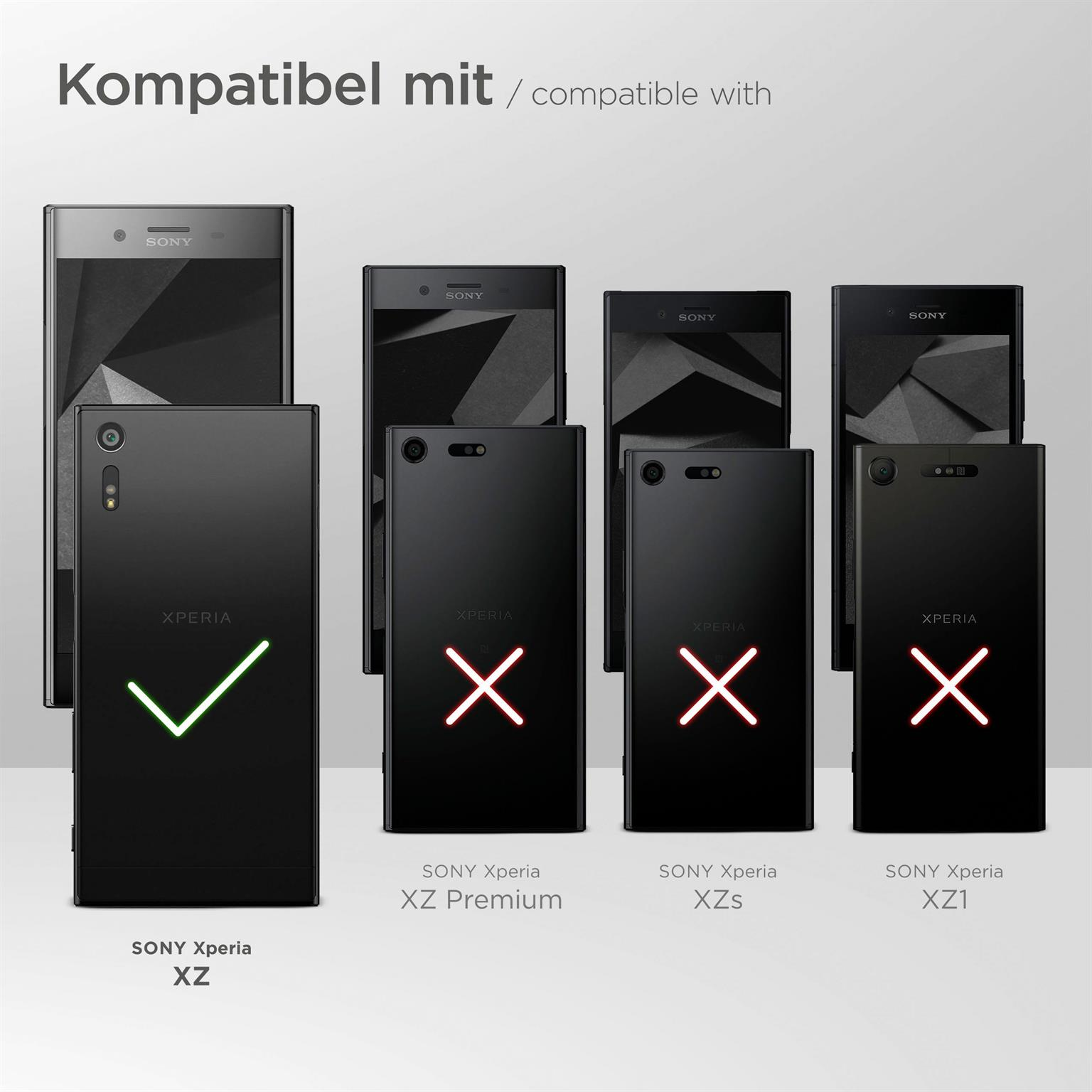 Mehrere schwarze Smartphones mit dem Text 'Kompatiibel mit'. Ein Telefon hat ein Häkchen.