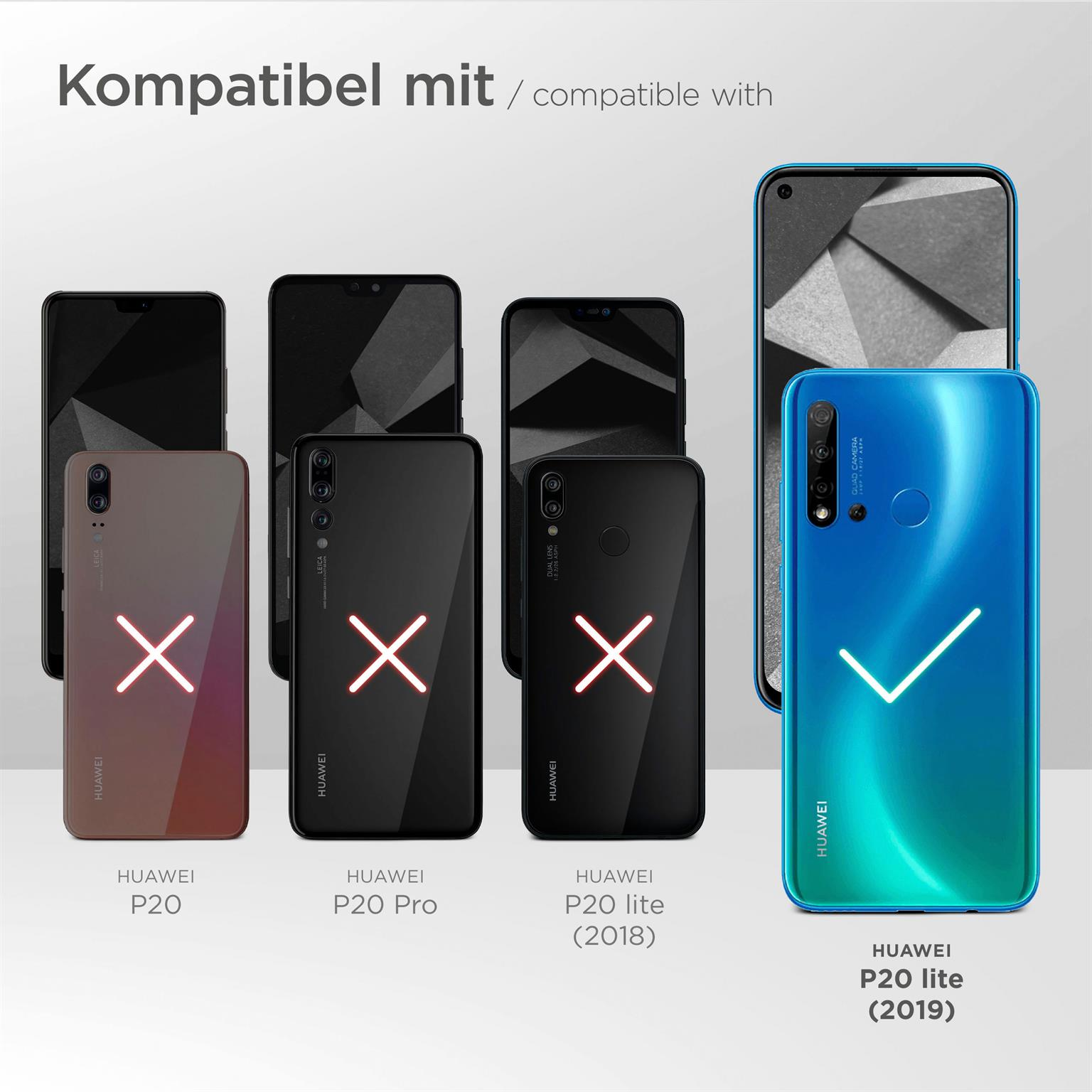 Das Bild zeigt Smartphones. Einige sind durchgestrichen, andere haben ein Häkchen. Die Marke ist Huawei.