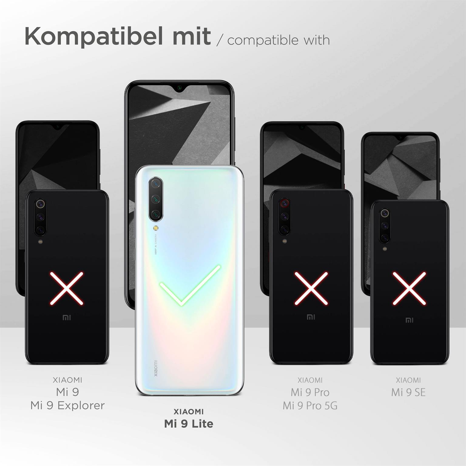 Telefone mit verschiedenen Mi-Modellen und einem weißen Mi 9 Lite. Häkchen und X's zeigen Kompatibilität an.