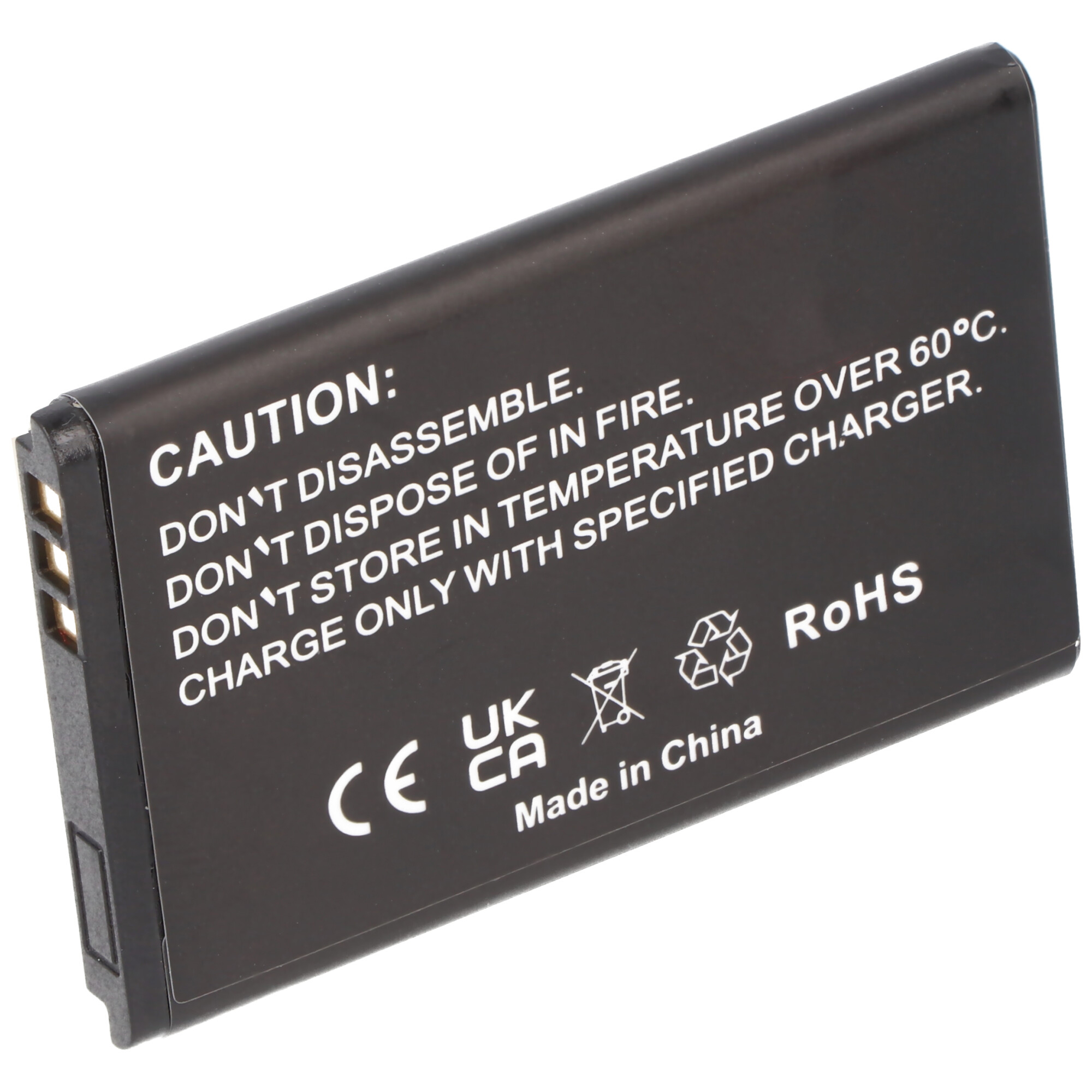 Eine schwarze Batterie mit weißem Text, inklusive Warnungen vor Feuer und Temperatur sowie einem RoHS-Logo.