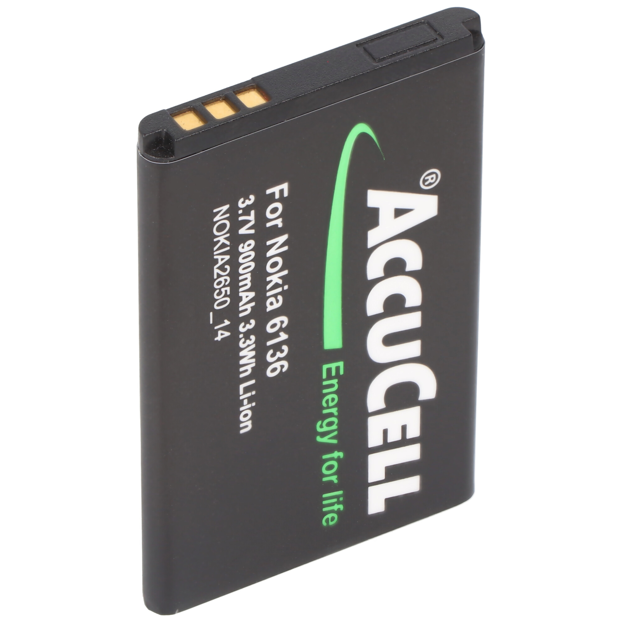Bild einer schwarzen AccuCell-Batterie. Text auf der Batterie: Für Nokia 6136, 3,7 V 900 mAh und AccuCell.