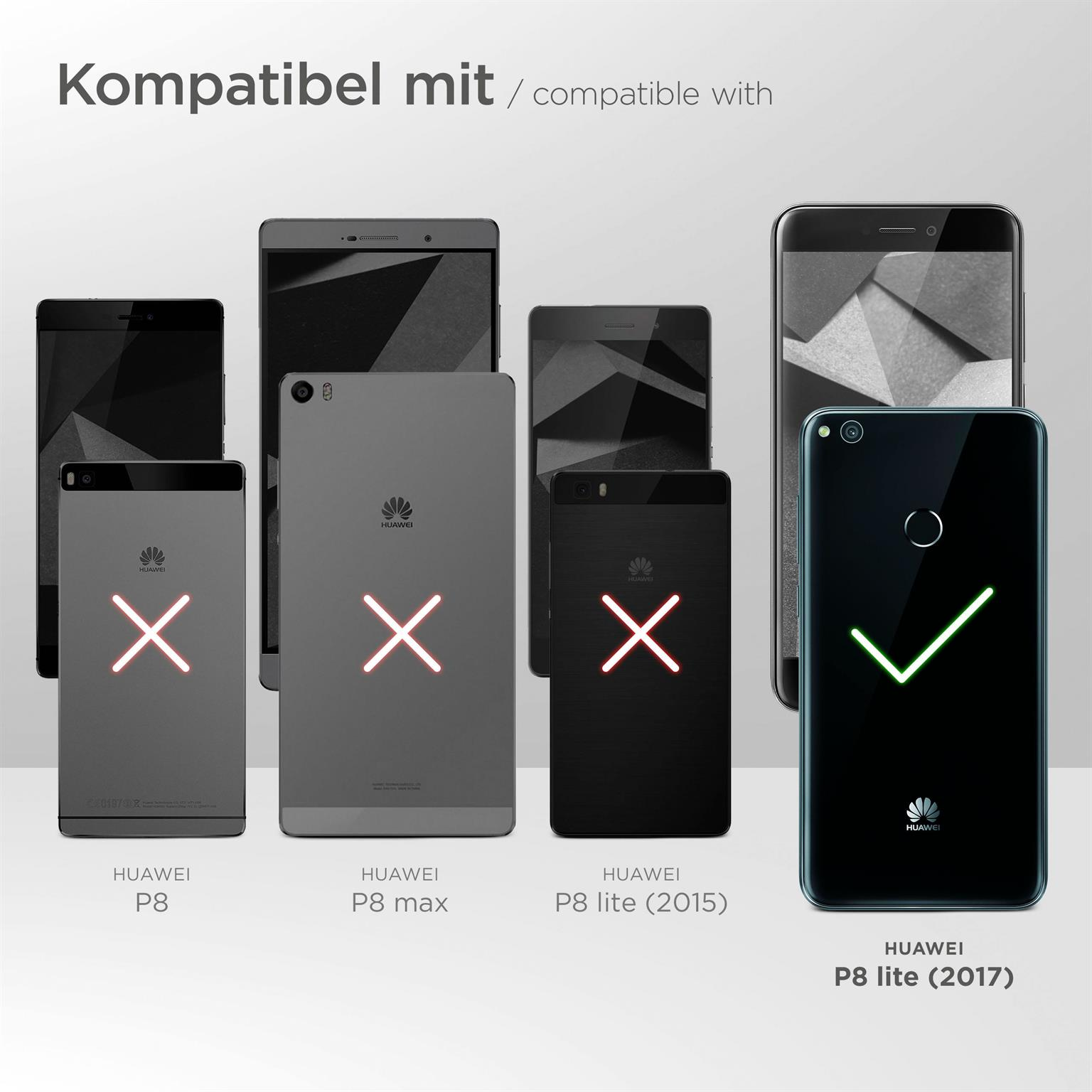 Das Bild zeigt Huawei-Telefone mit Kompatibilitätsprüfung. P8 lite (2017) hat ein grünes Häkchen. Andere haben rote X-Markierungen.