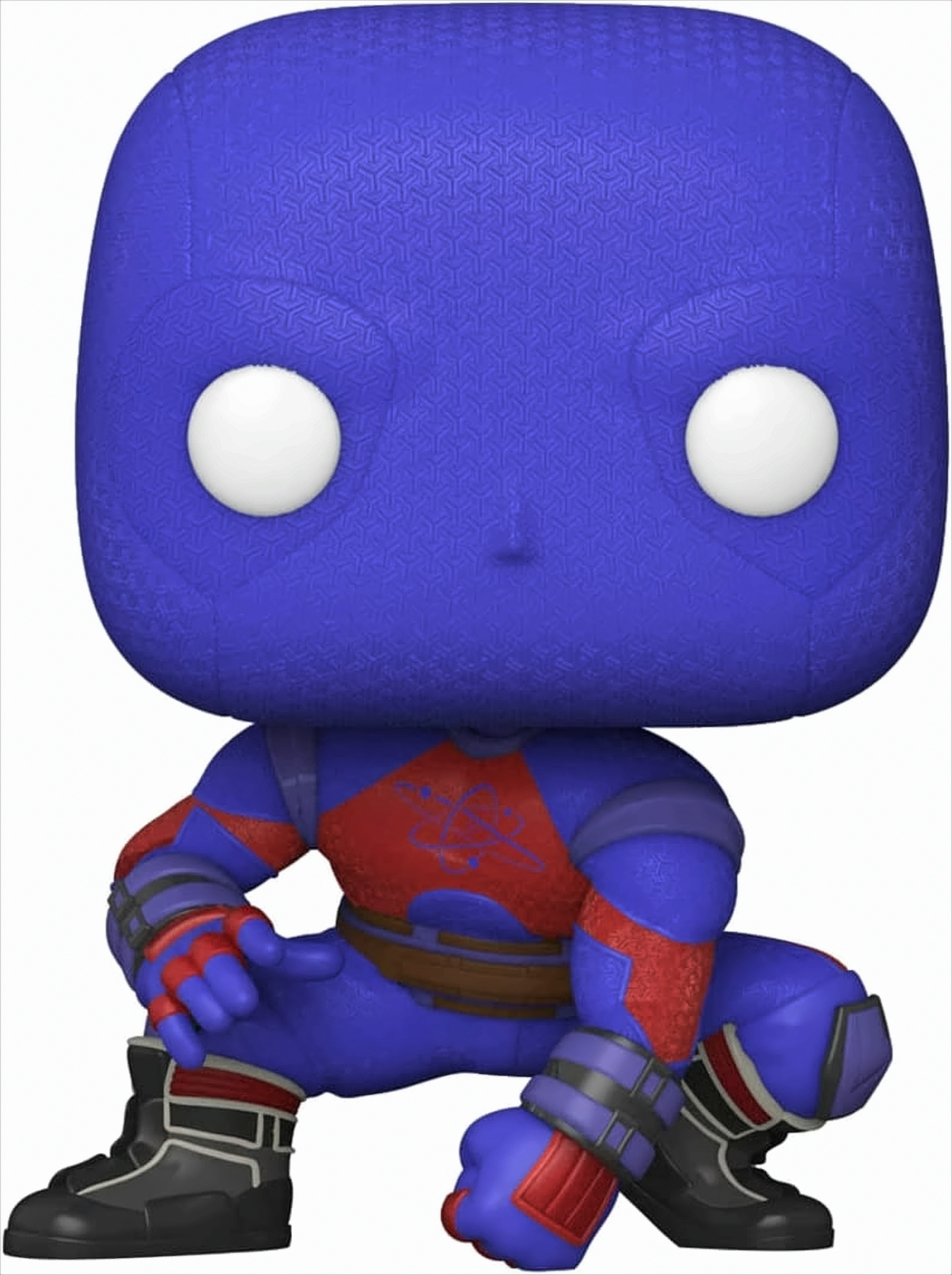 Niebieska i czerwona figurka Funko Pop superbohatera w pozycji klęczącej.
