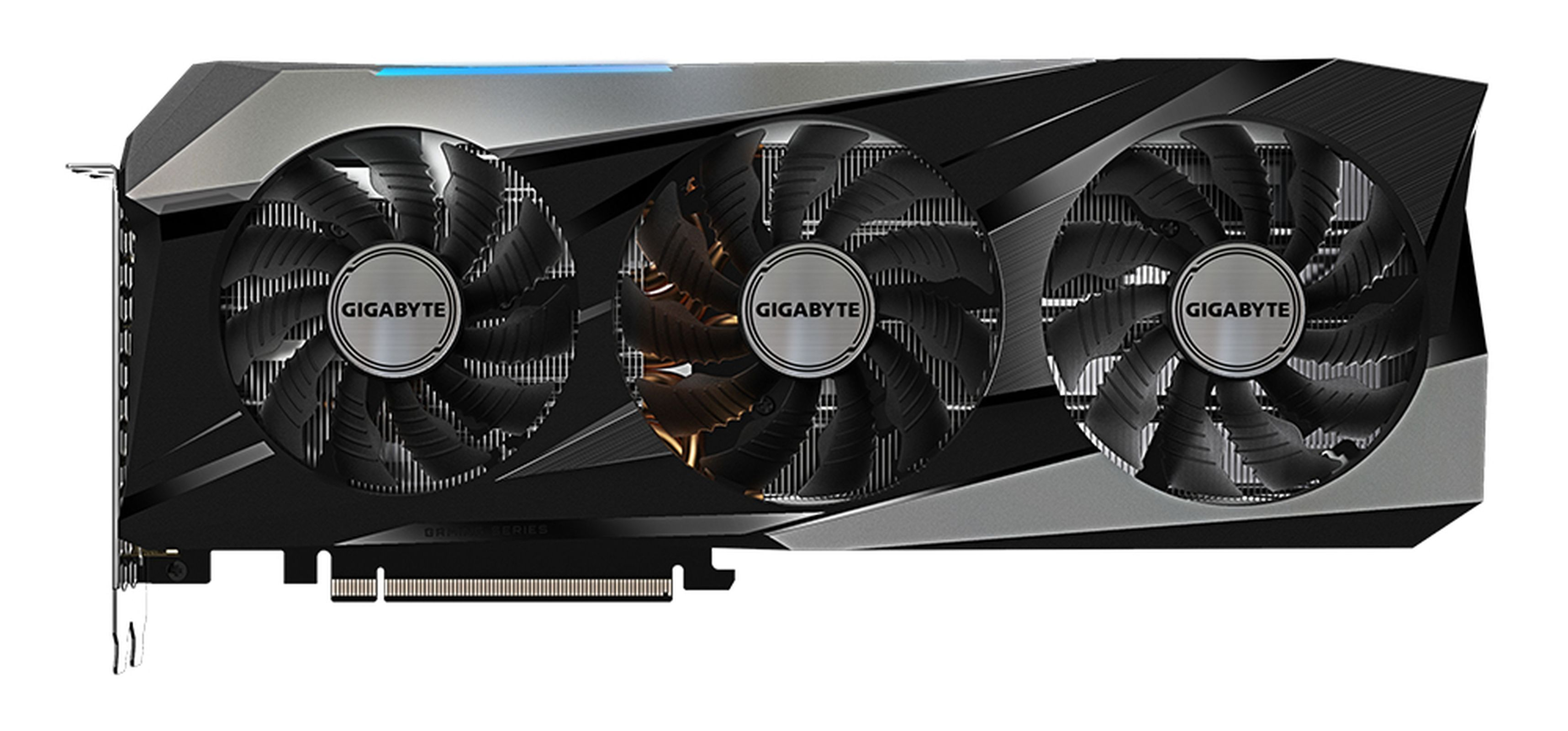 Una tarjeta gráfica Gigabyte con tres ventiladores, diseño negro y plateado.