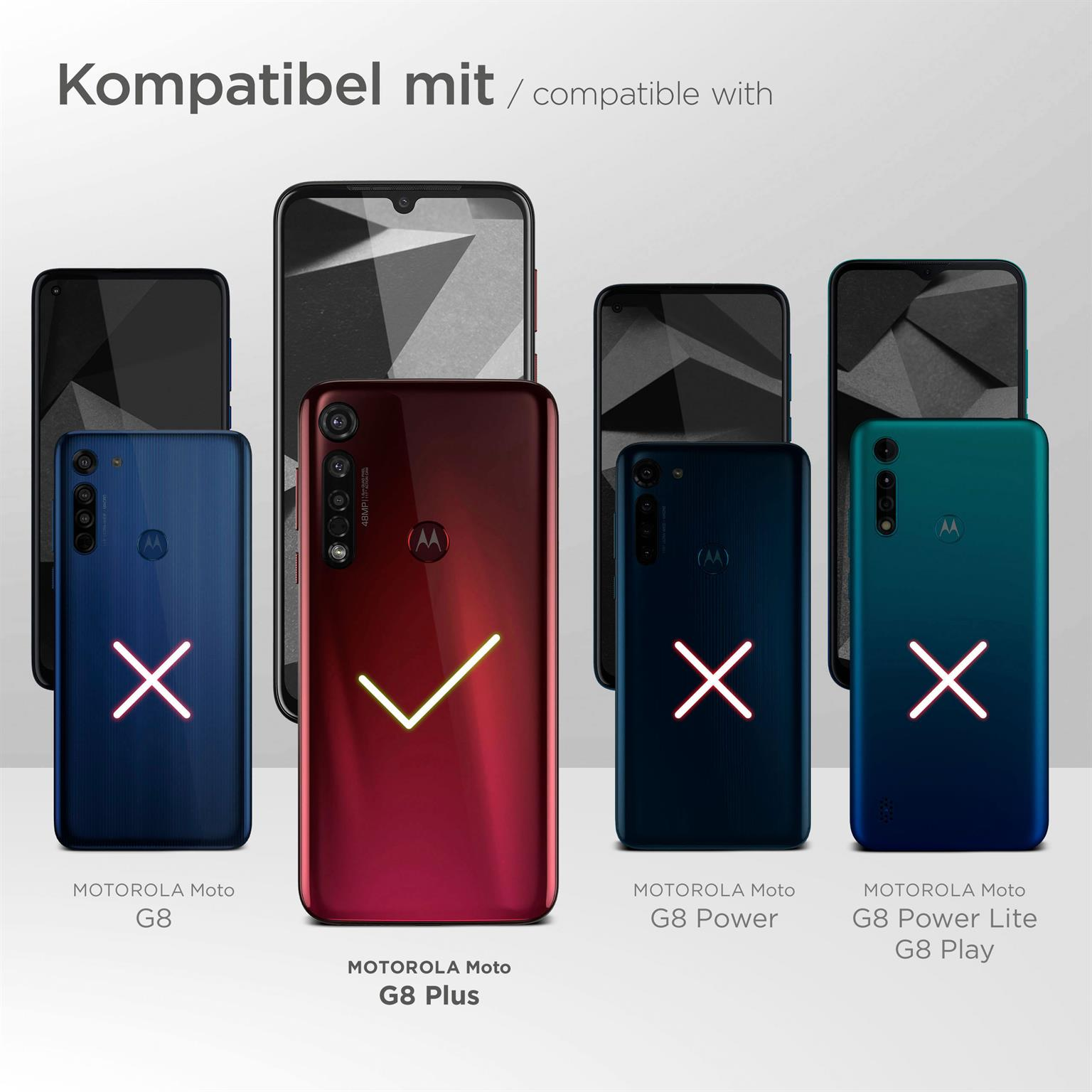 Telefone und Kompatibilitätstabelle. Motorola-Telefone mit roten/blauen Rückseiten. Text: Kompatibel mit.