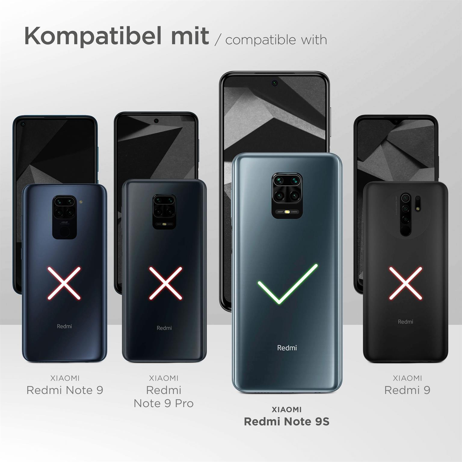 Telefon-Kompatibilitätstabelle. Xiaomi Redmi Note 9S ist kompatibel, gekennzeichnet durch ein Häkchen.
