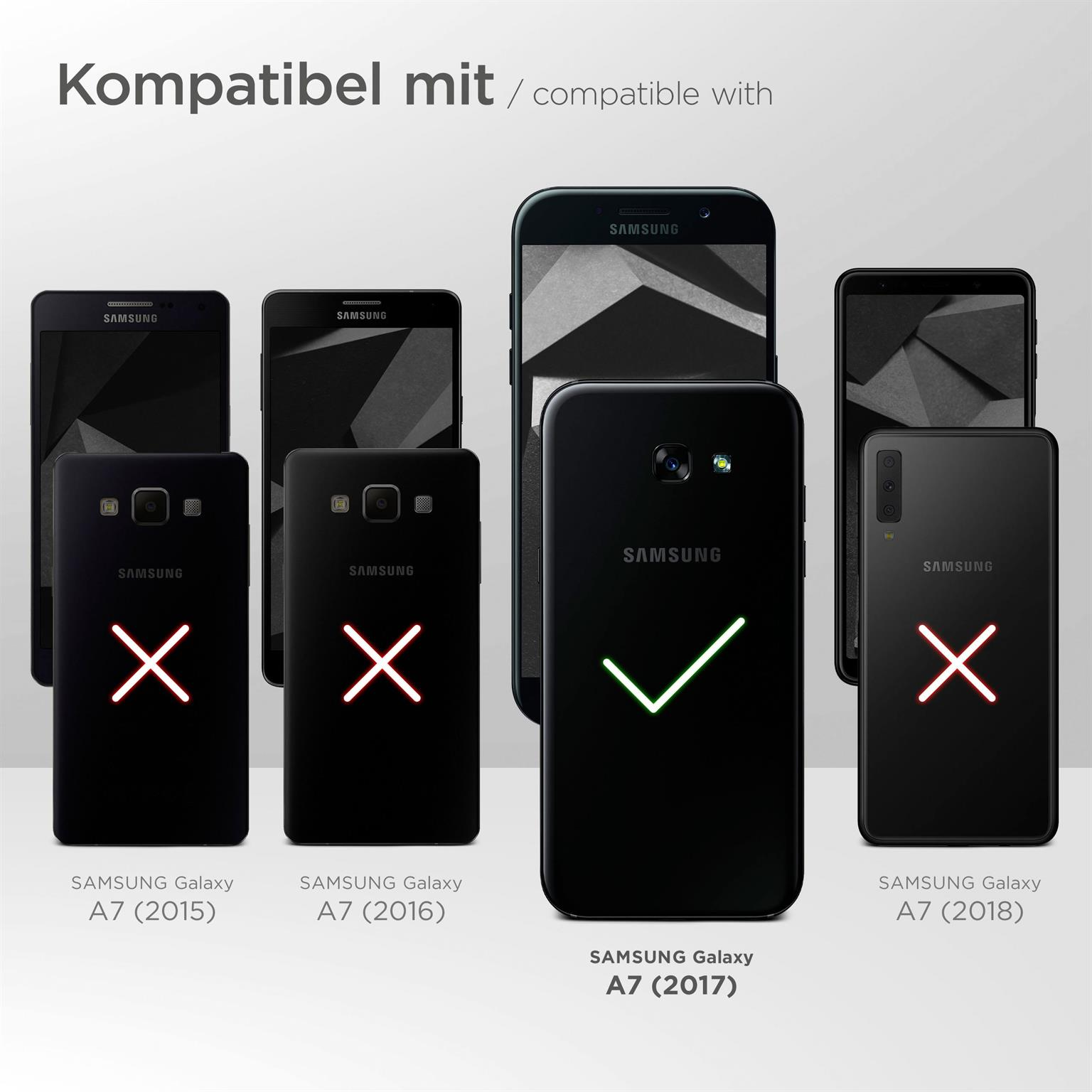 Bild zeigt kompatible Telefone. Samsung Galaxy A7 (2017) ist angekreuzt.