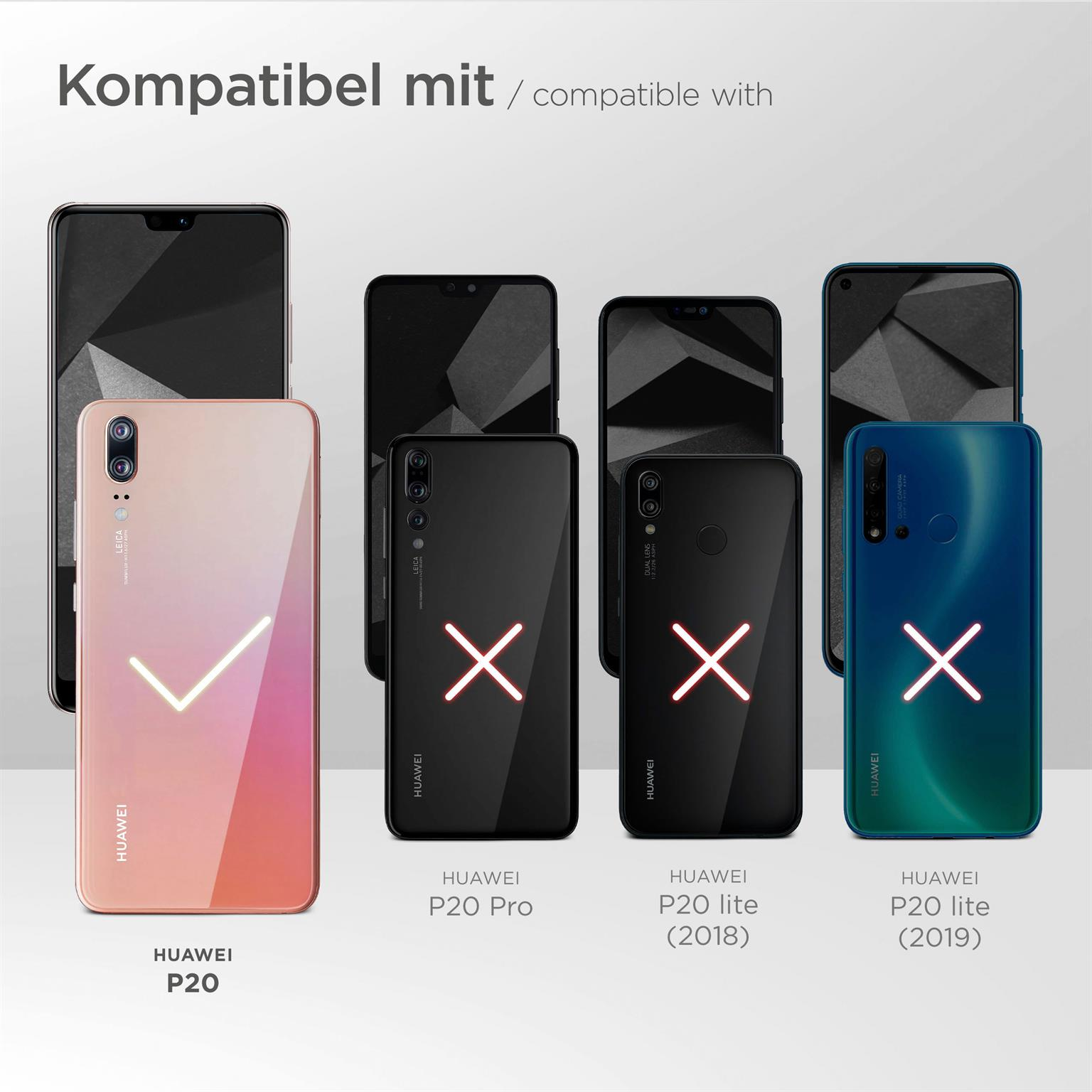 Bild zeigt kompatible Telefone. Huawei P20 ist kompatibel, andere haben ein rotes 'X', das Inkompatibilität anzeigt.