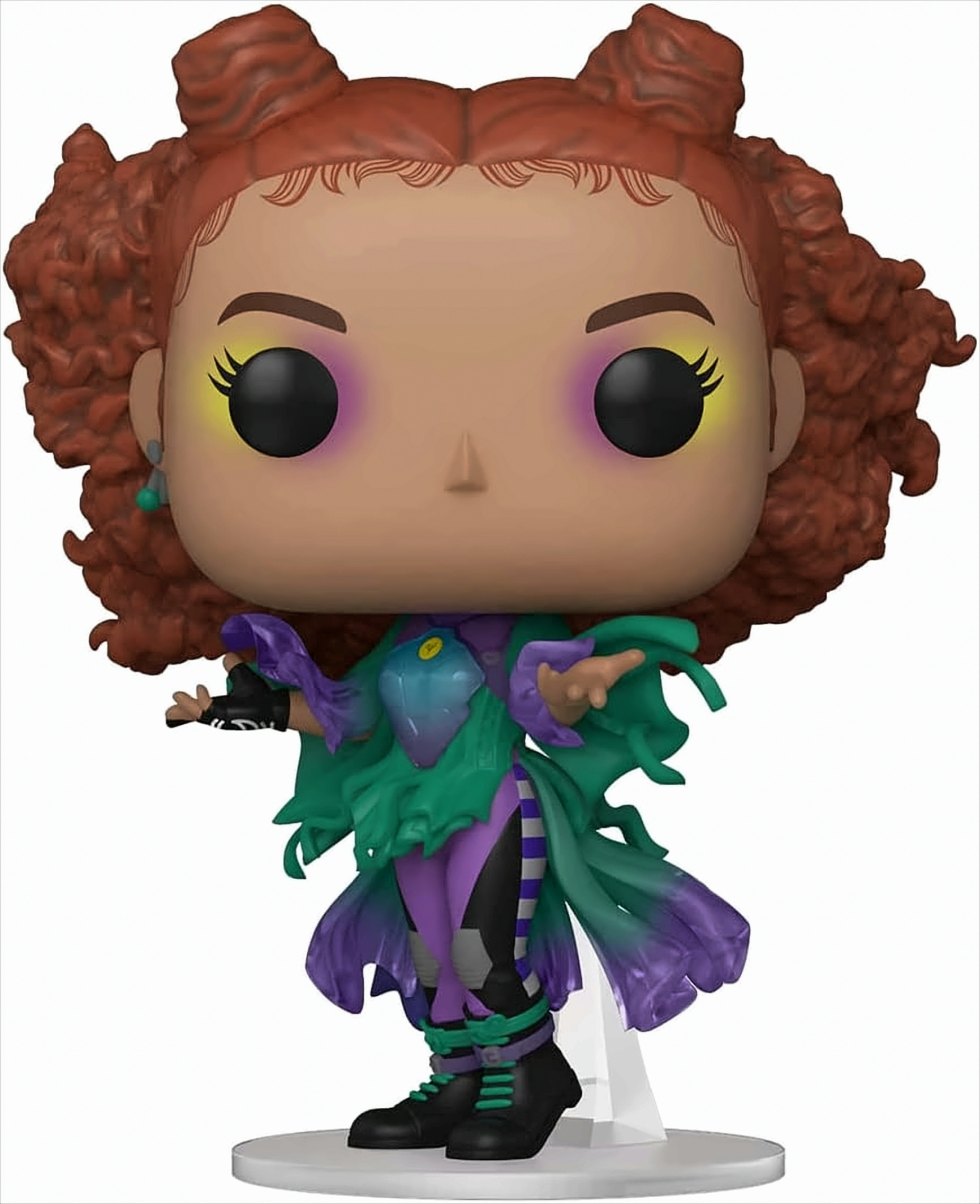 Funko Pop figure of a character with red hair and colorful makeup.  It is standing on a stand.