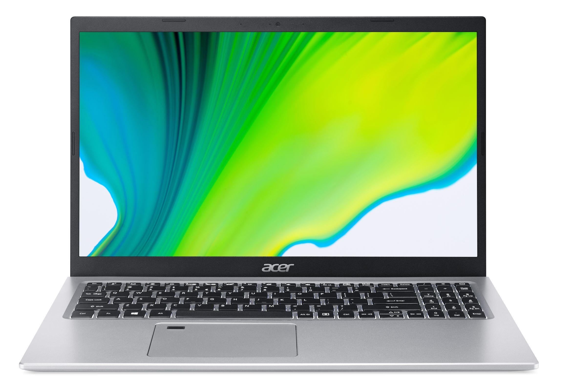 Srebrny laptop Acer z zielonym i żółtym ekranem.