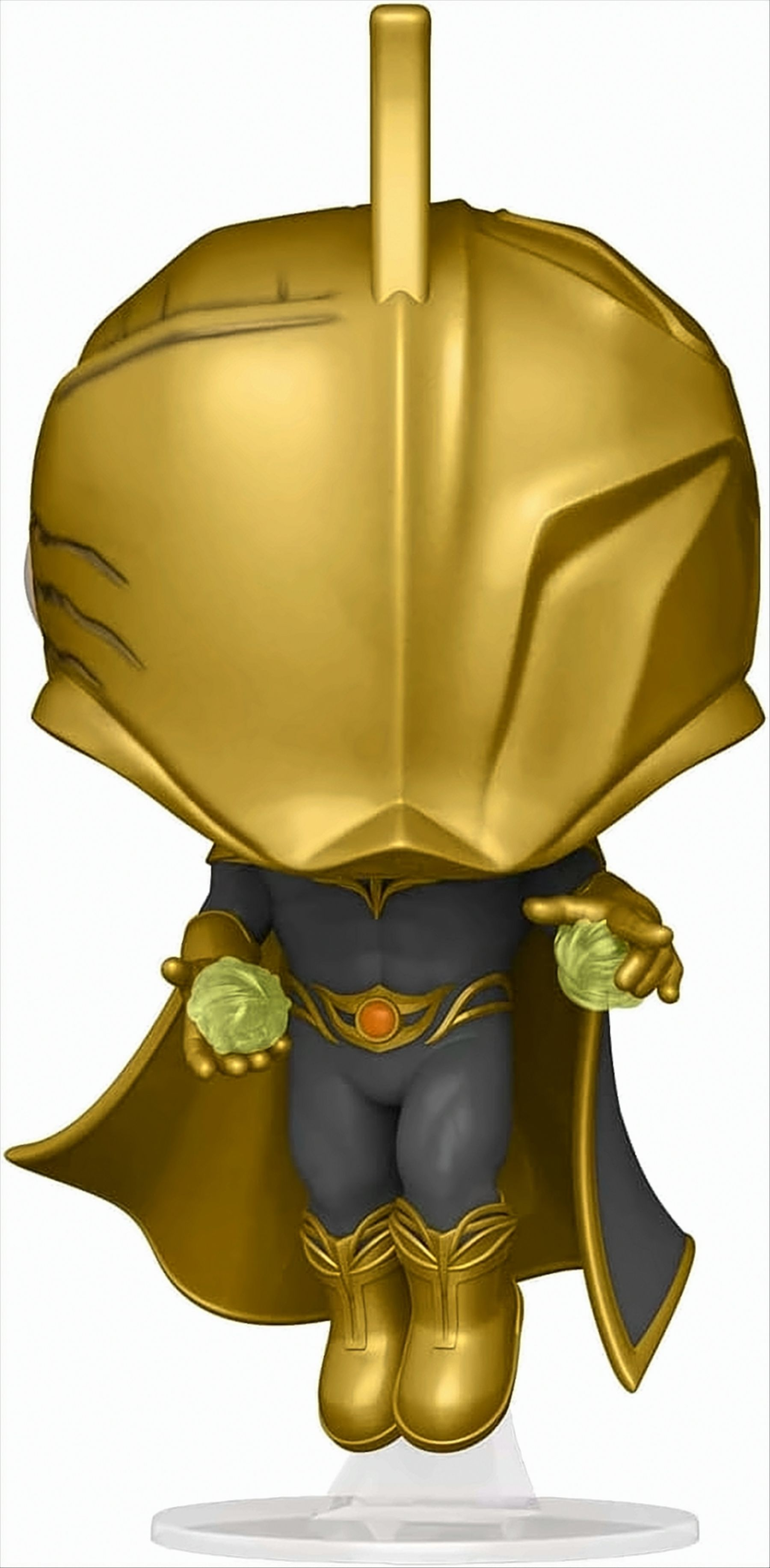 Funko Pop figure of Doctor Fate. He is wearing a gold helmet and costume, holding orbs.