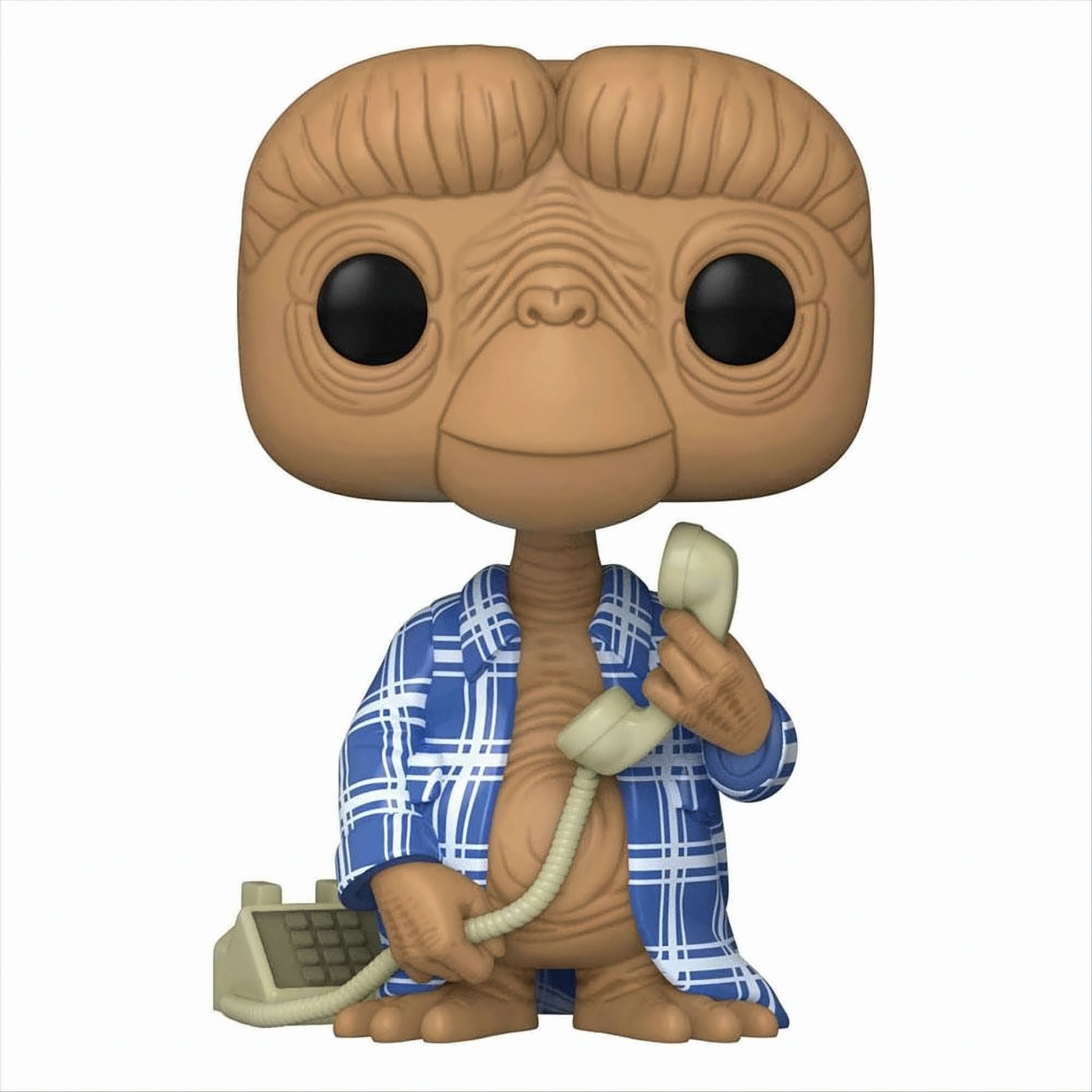 Figura Funko Pop di E.T. con una camicia a quadri blu e che tiene un telefono.