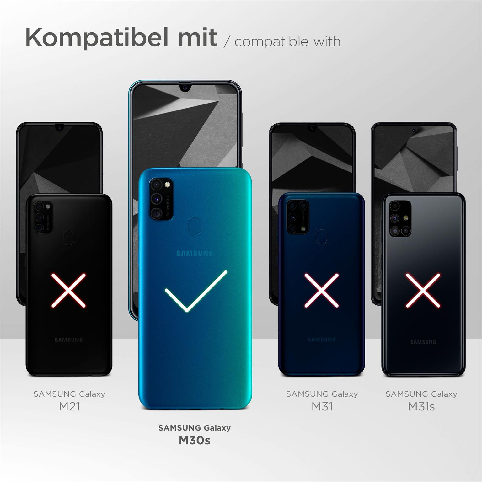 Telefone. Samsung Galaxy M30s ist kompatibel und ausgewählt. Andere Telefone sind es nicht.