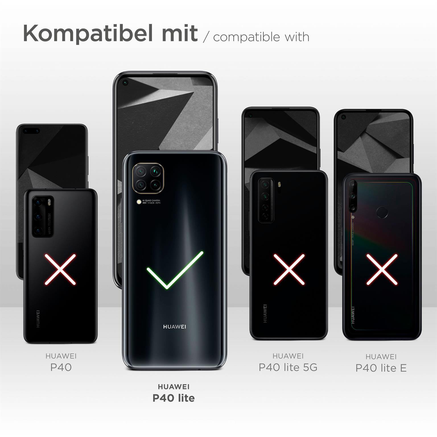 Das Bild zeigt Telefone mit Huawei-Logo. Huawei P40 lite hat ein Häkchen. Andere haben ein X.