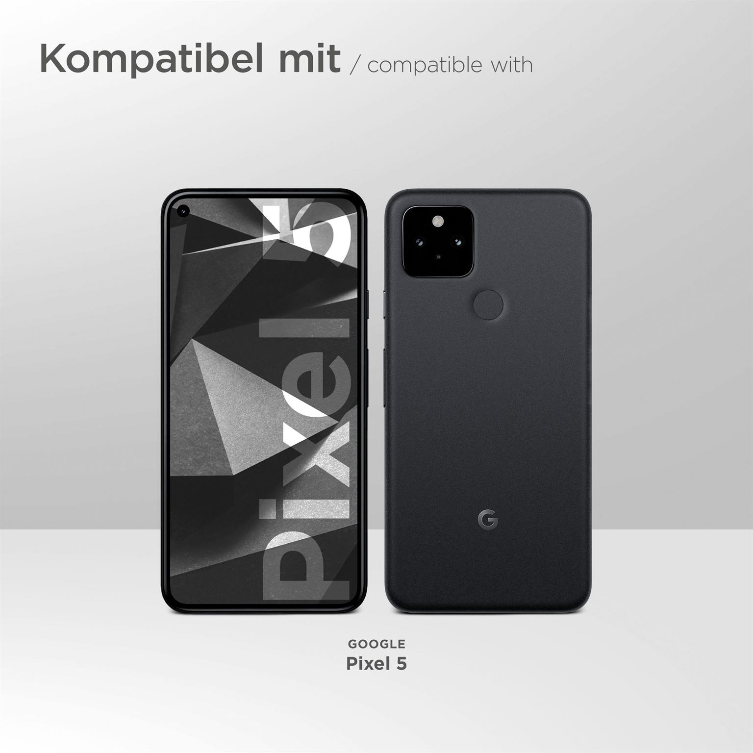 Schwarzes Google Pixel 5 Telefon und eine schwarze Handyhülle nebeneinander, mit dem Telefon in der Hülle.