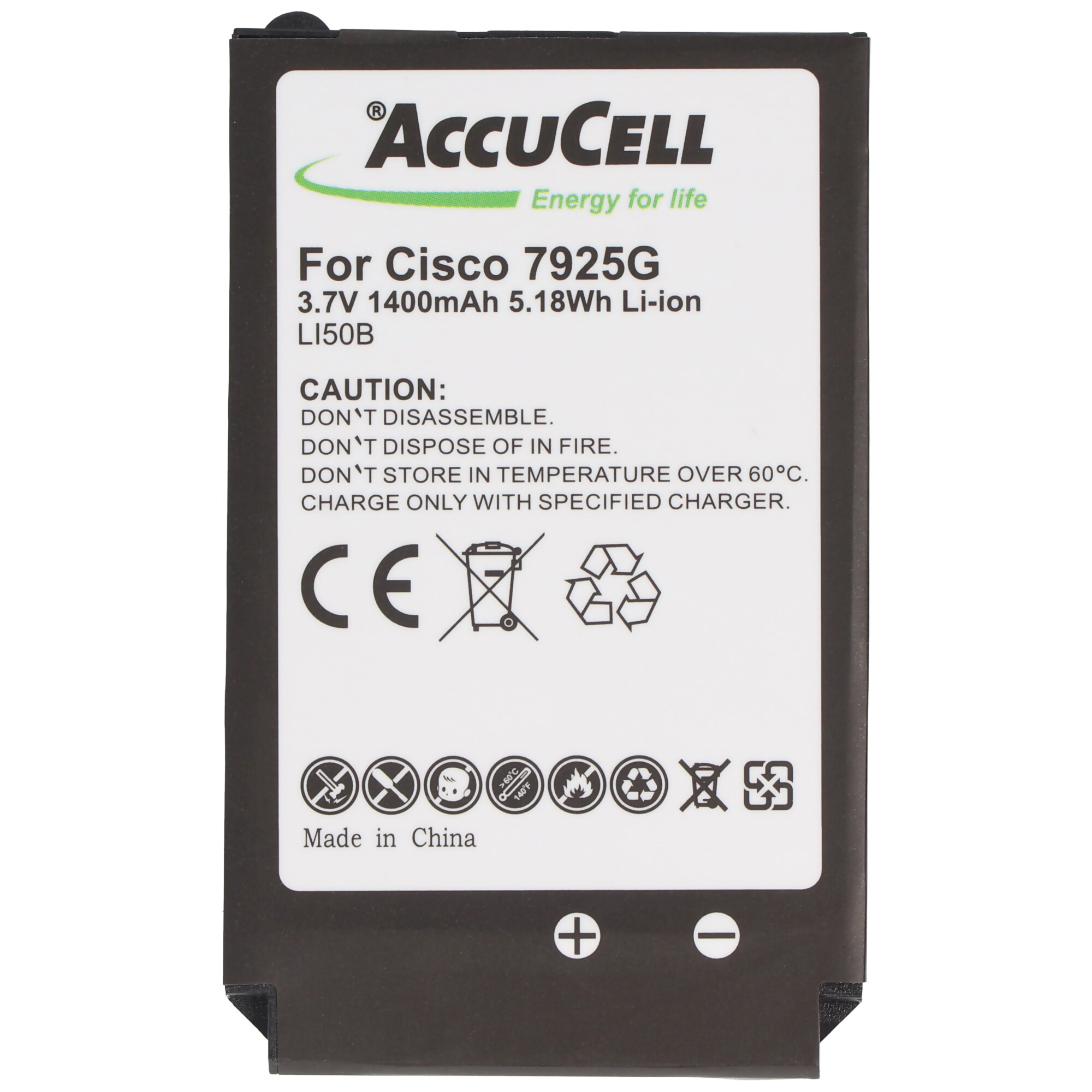 Cisco 7925G için etiketlenmiş, güvenlik uyarıları ve geri dönüşüm sembolü içeren siyah bir AccuCell pili.