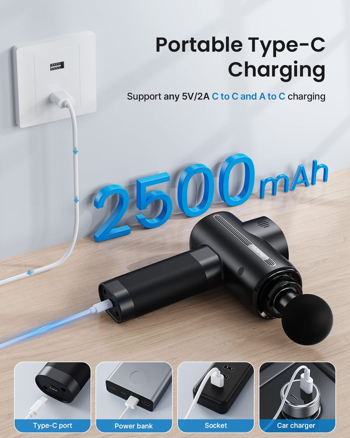 Pistola massaggiante con ricarica Type-C portatile con power bank e caricabatterie.