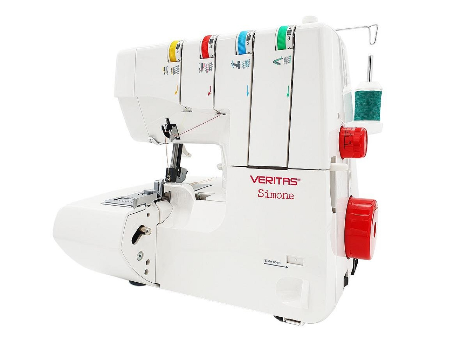 Weiße Veritas Simone Overlock-Nähmaschine, schräge Ansicht, freigestellt auf weißem Hintergrund.