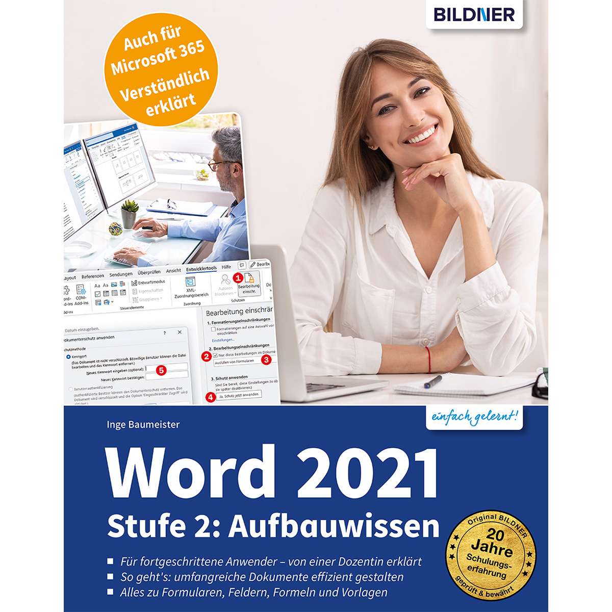Lächelnde Frau, mit geöffnetem Dokument auf dem Computer. Ein Word 2021 Buchcover im Vordergrund.