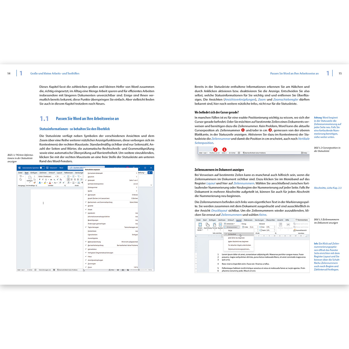 Ein offenes Buch mit Text und Bildern zur Verwendung von Word, das Oberflächenelemente und Screenshots zeigt.