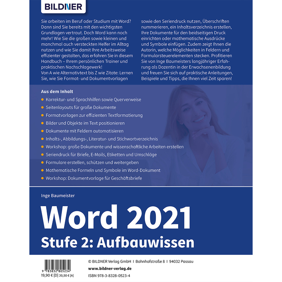 Buchcover mit Text zur Verwendung von Word 2021. Frau mit Lächeln auf dem Cover. Weißer Hintergrund.