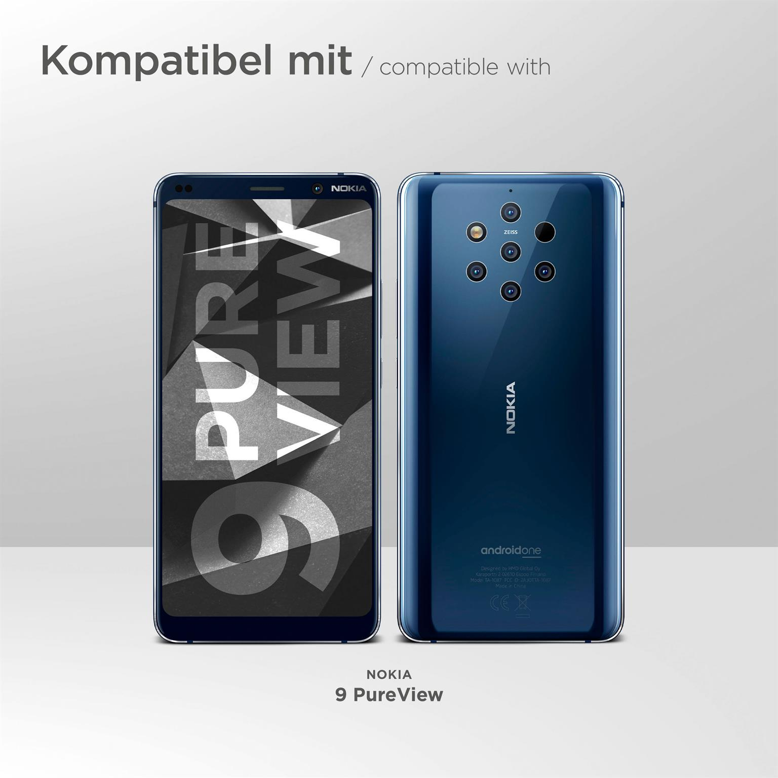 Zwei Smartphones, eines vorne und eines hinten, nebeneinander. Der Text lautet NOKIA 9 PureView.