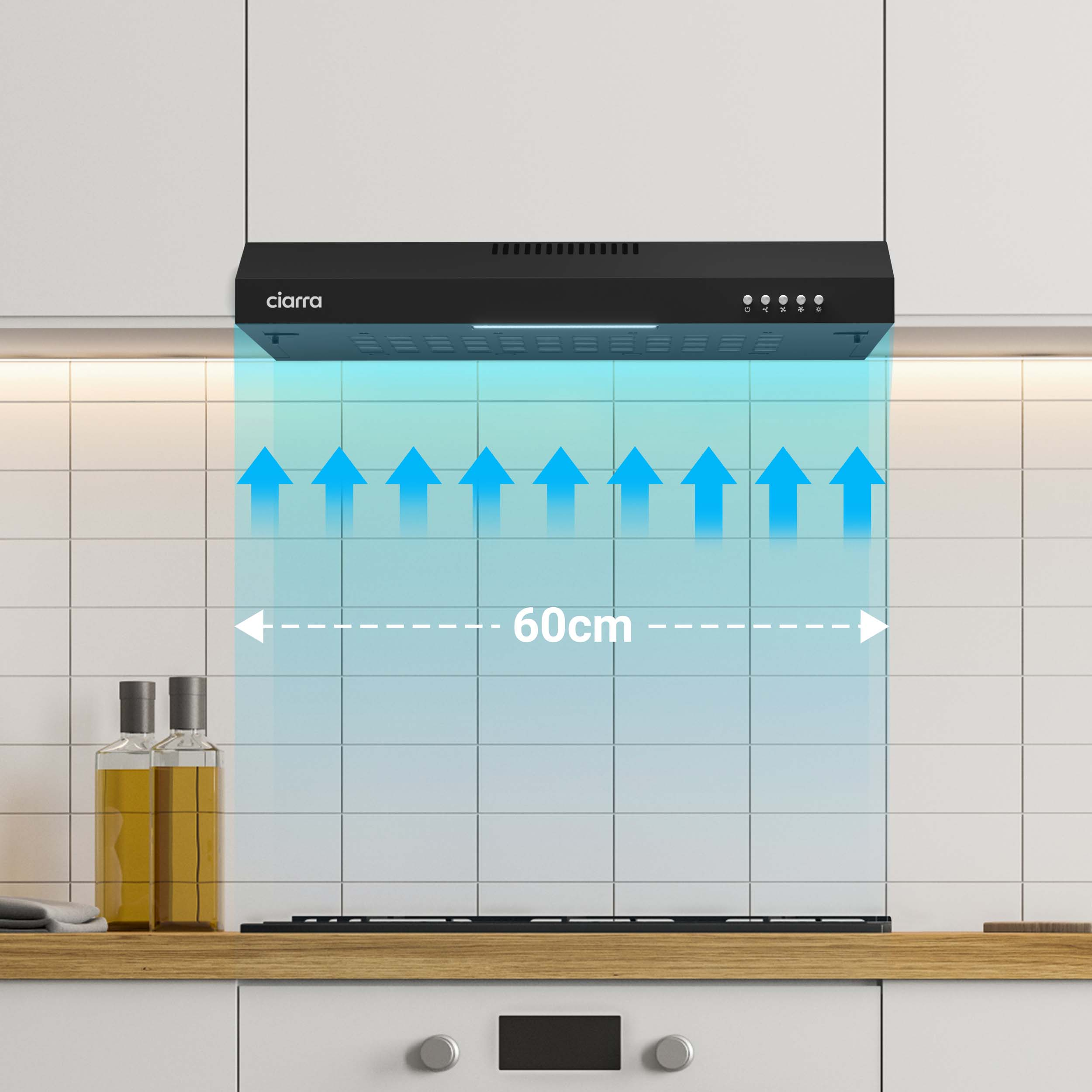 Hotte noire au-dessus d'une cuisinière. Des flèches indiquent le flux d'air et les dimensions.
