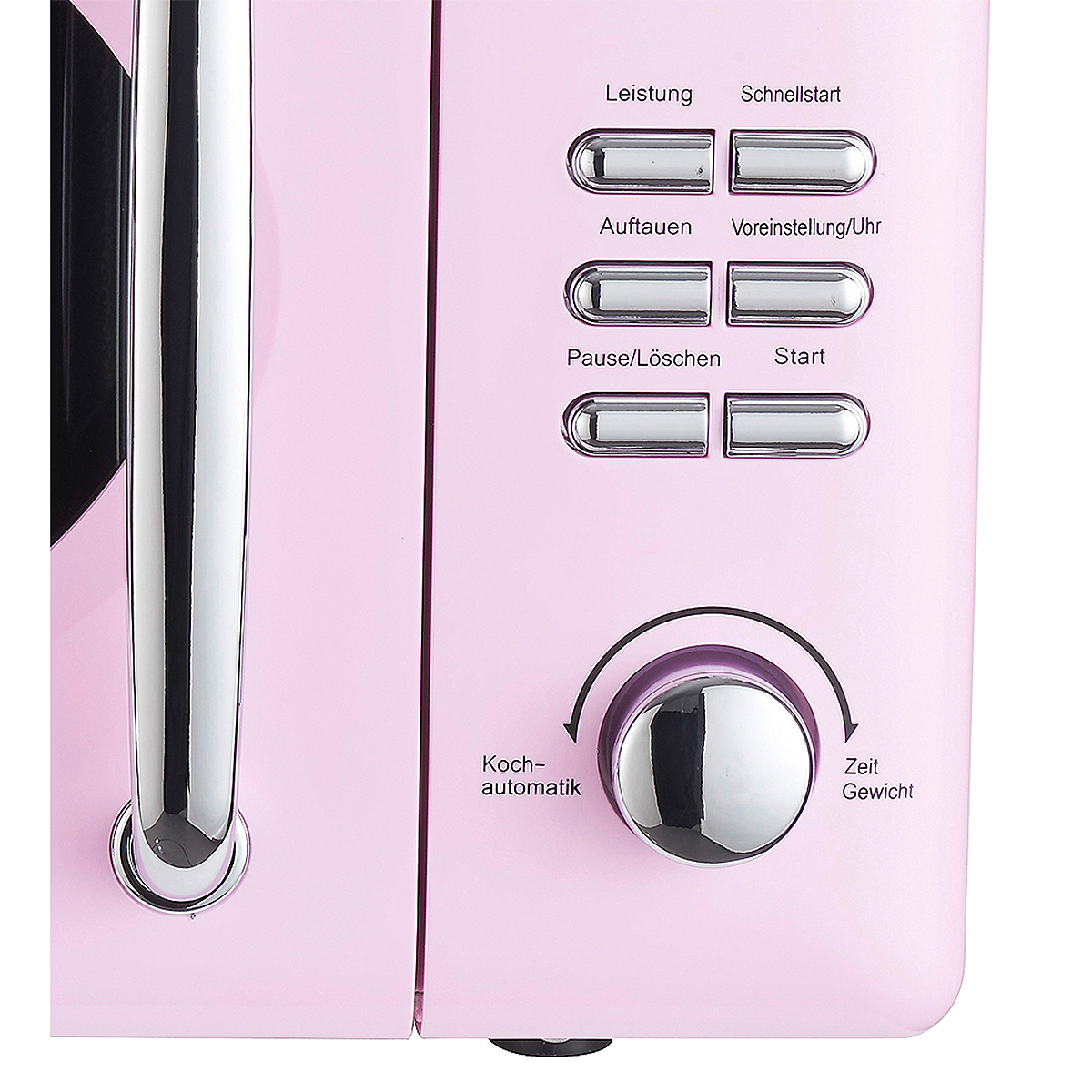 Nahaufnahme des Bedienfelds einer rosa Mikrowelle. Knöpfe und ein Drehregler sind sichtbar.