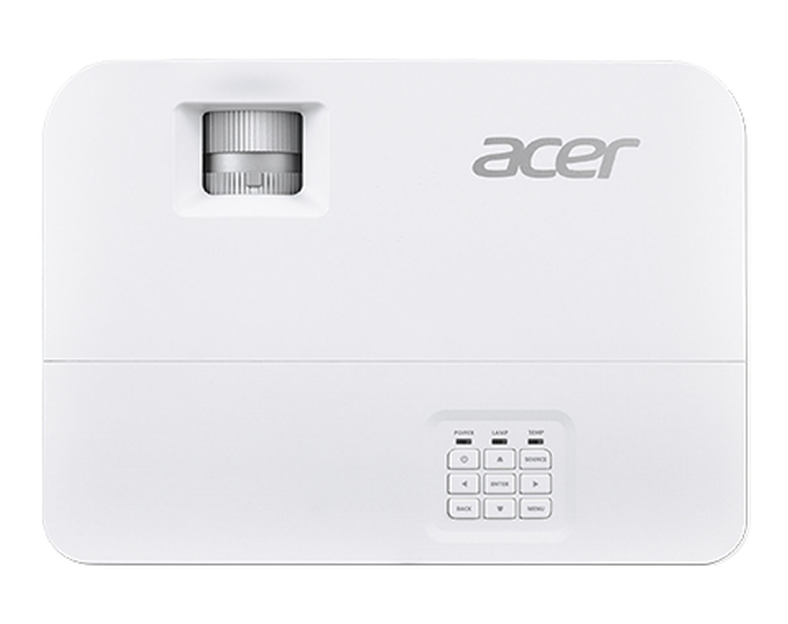 Proiettore Acer bianco, vista dall'alto. Mostra l'obiettivo, i pulsanti e il logo Acer.