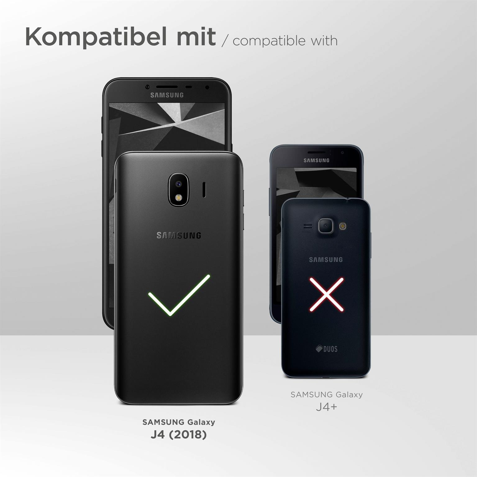 Zwei Telefone mit Hüllen, eines mit einem Häkchen und das andere mit einem Kreuz. Eines ist ein Samsung Galaxy J4.