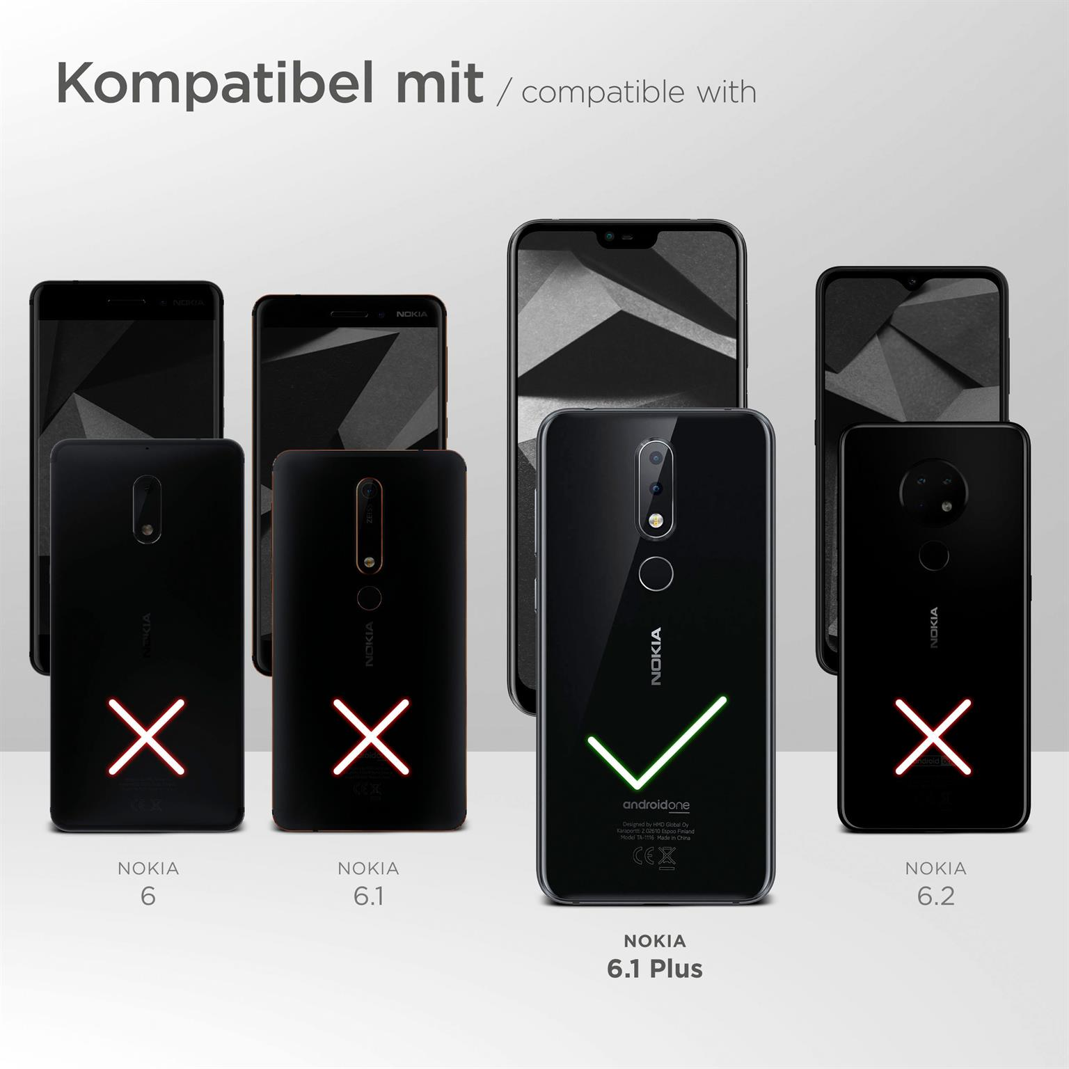 Grafik zeigt kompatible Nokia-Telefone, wobei das 6.1 Plus mit einem grünen Häkchen hervorgehoben wird.
