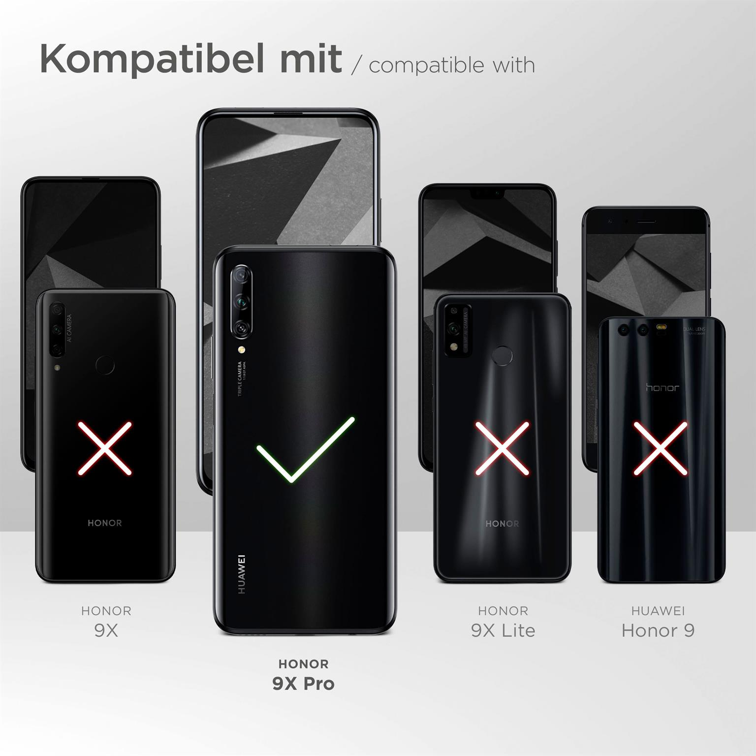 Schwarze Telefone mit Hüllen. Eines mit Haken, andere mit roten Kreuzen. Text: Honor, Huawei.