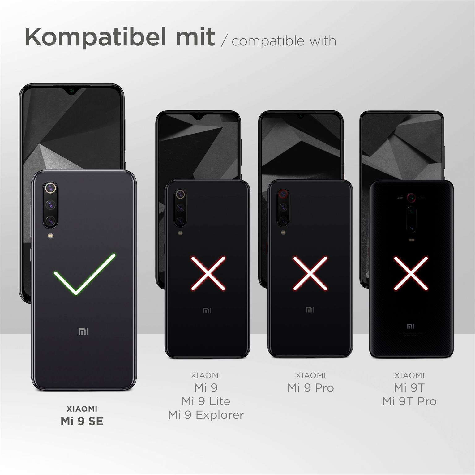 Bild zeigt kompatible Telefone mit Xiaomi Mi 9 SE. Inkompatibel mit Mi 9, Mi 9 Lite, Mi 9 Pro, Mi 9T Pro.