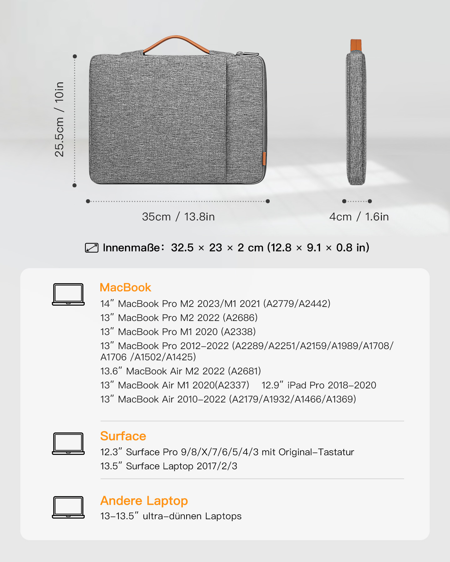 INATECK Laptoptasche MacBook M2, für Sleeve Apple, 14 Microsoft Surface Air/Pro Hülle 2022-2012, M1 Pro, für Polyester, Surface grau 13\