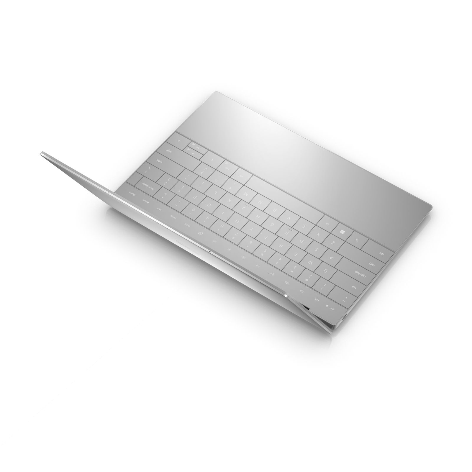 Ein silberner Laptop, im Winkel geöffnet, auf weißer Oberfläche. Tastatur sichtbar.