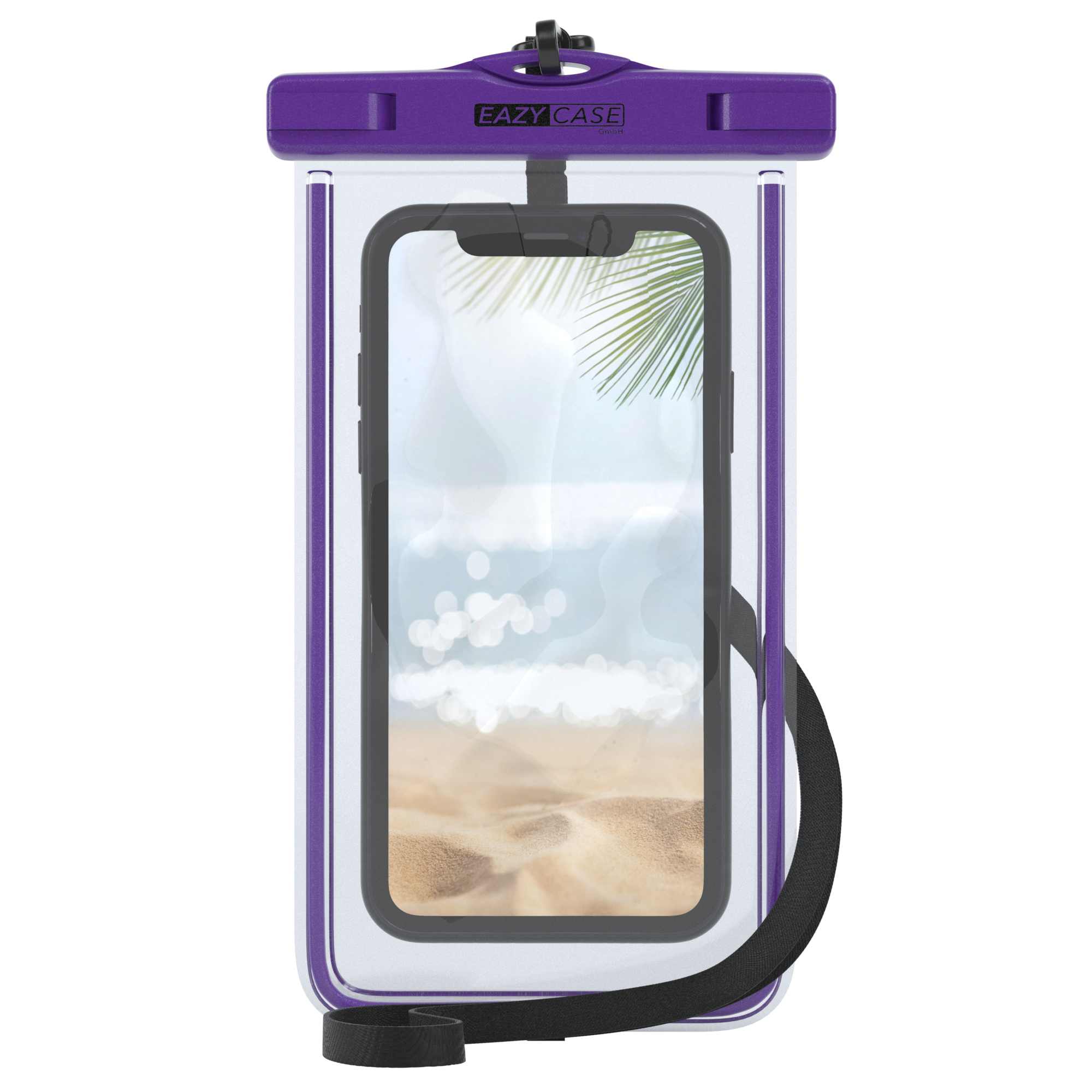 Lila wasserdichte Handyhülle mit Telefon darin. Strandszene sichtbar. Schwarzer Gurt.