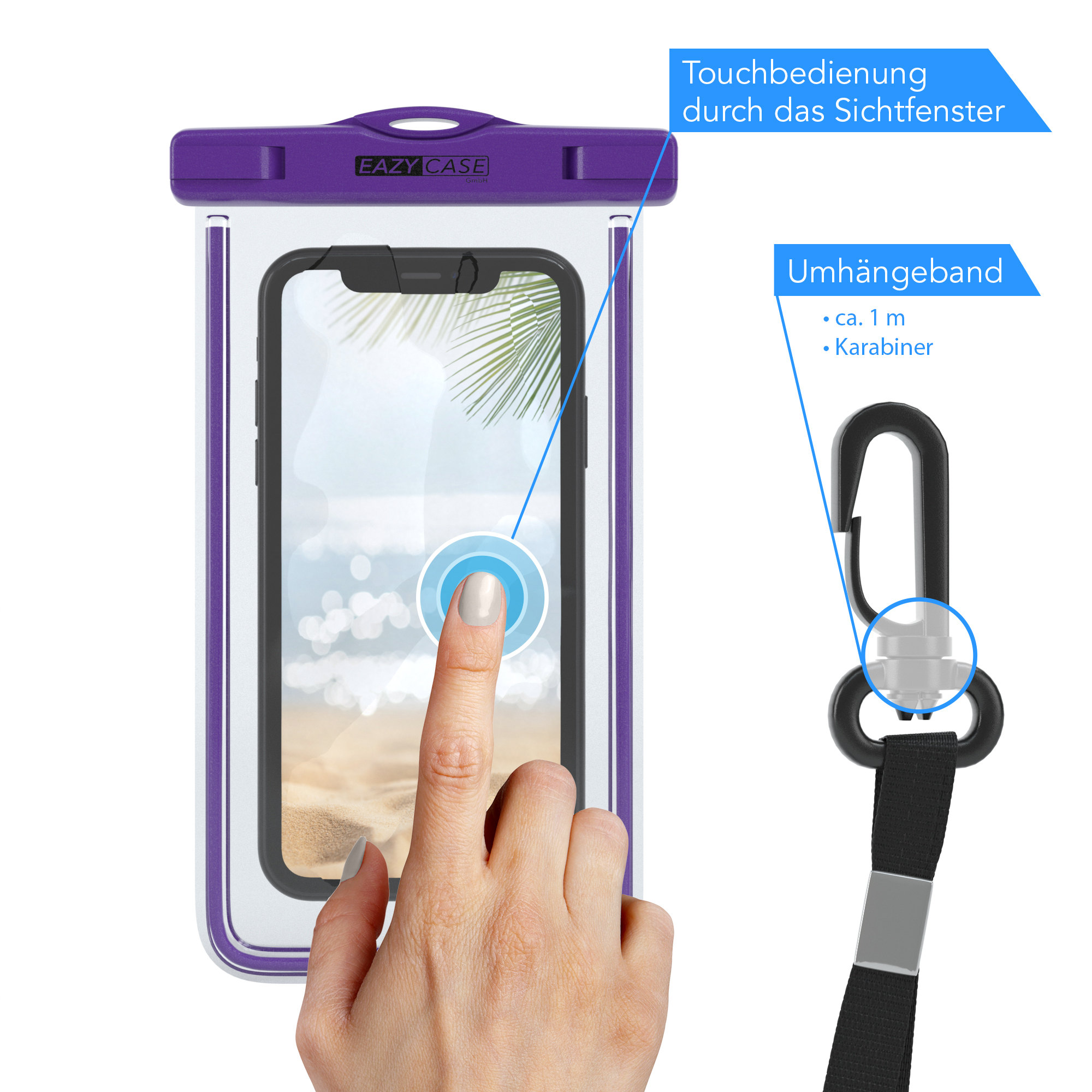 Hand berührt Telefonbildschirm in wasserdichter Handyhülle, mit Umhängeband.
