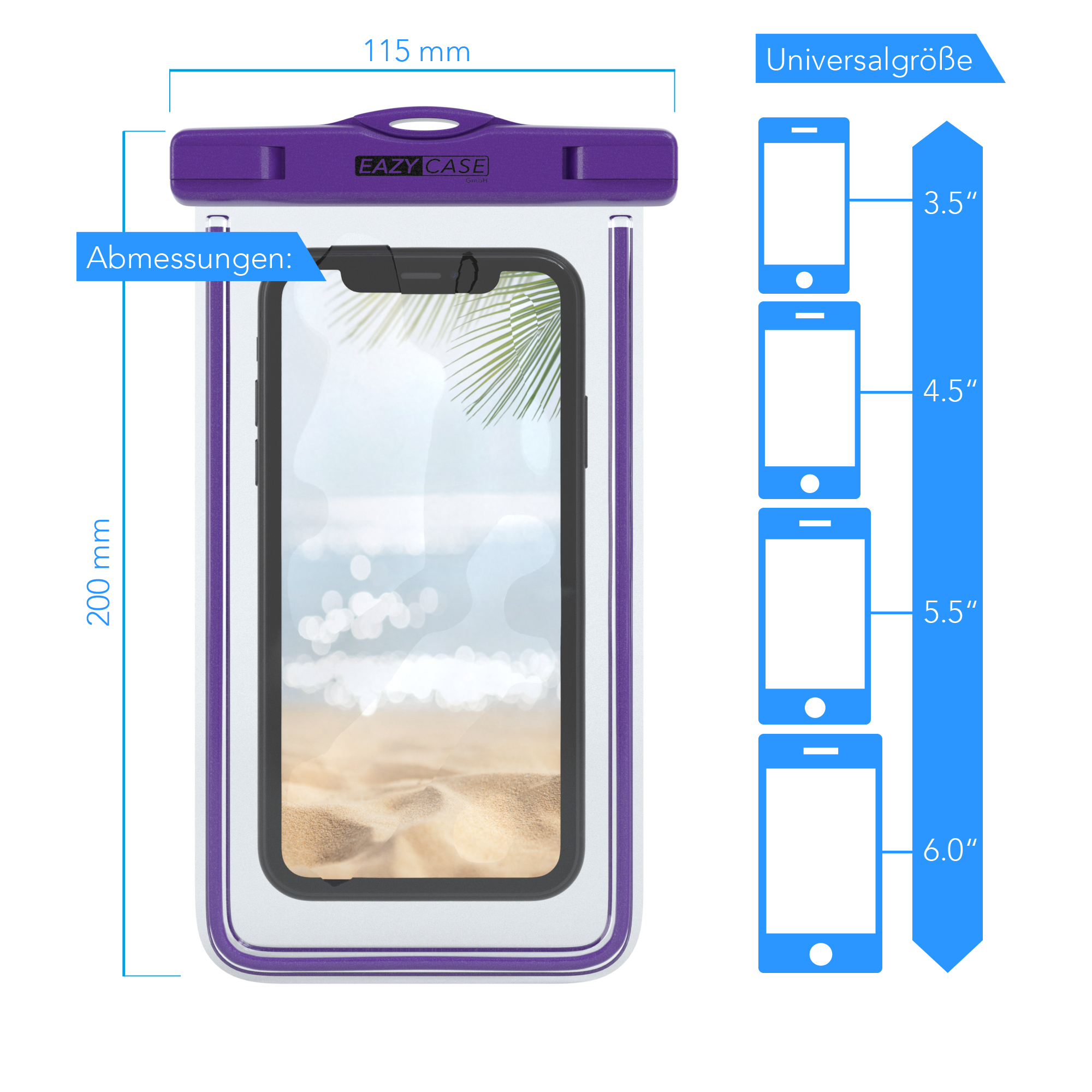 Eine wasserdichte Handyhülle mit einem Handy, das eine Strandszene zeigt, mit Größenangaben.
