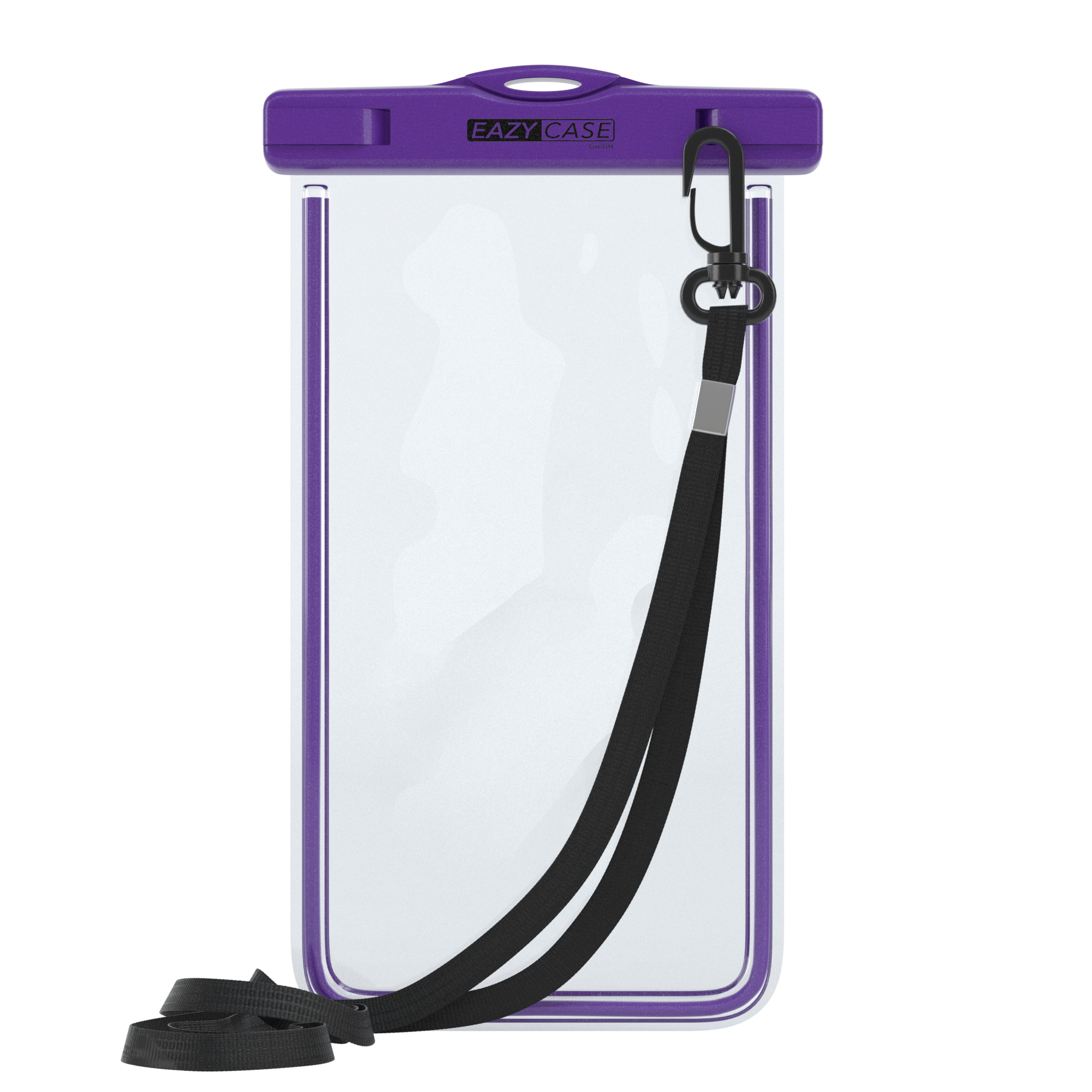 Eine transparente, wasserdichte Handyhülle mit lila Rand, schwarzem Umhängeband und schwarzem Clip oben.