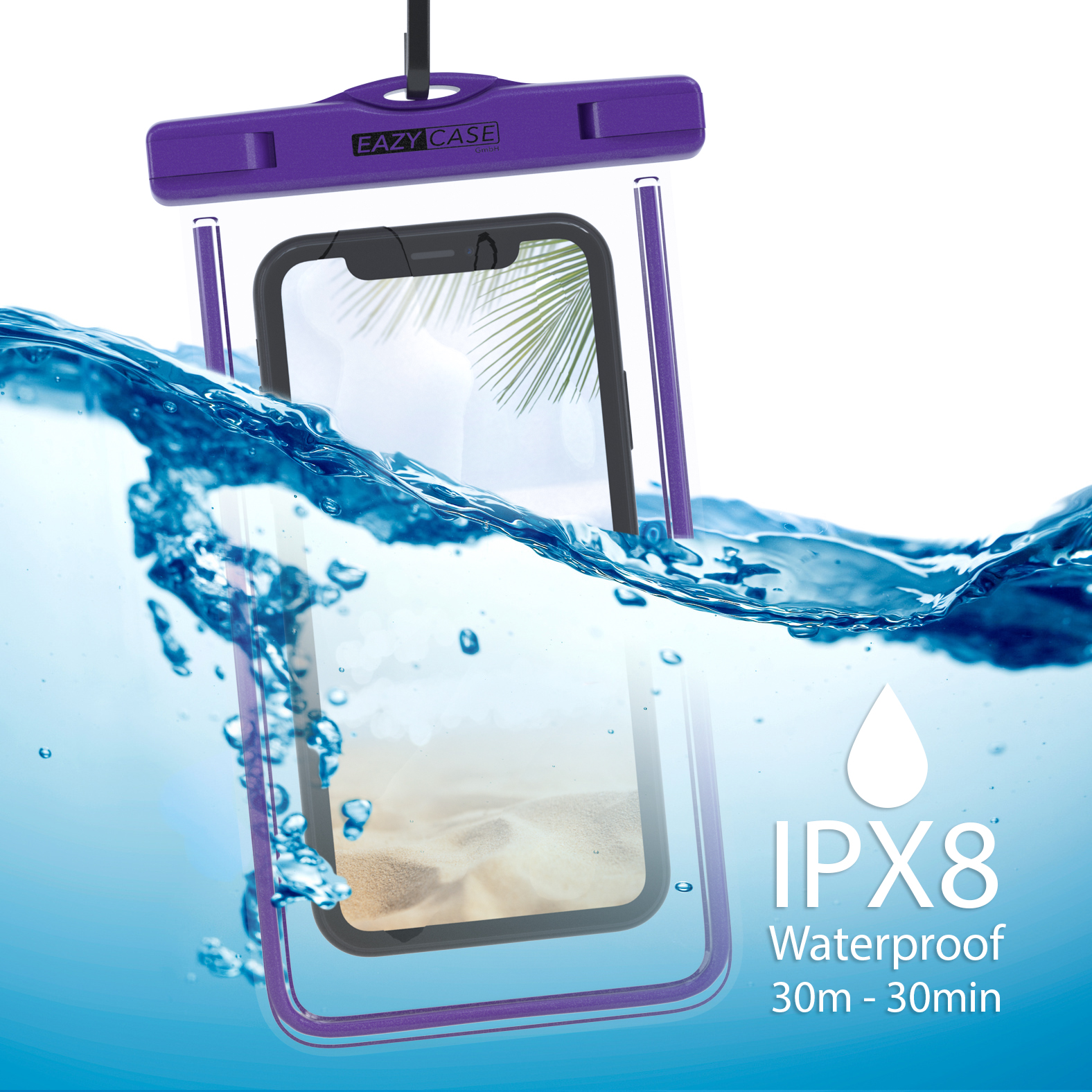 Ein Telefon, das sich in Wasser in einem lila Gehäuse befindet.