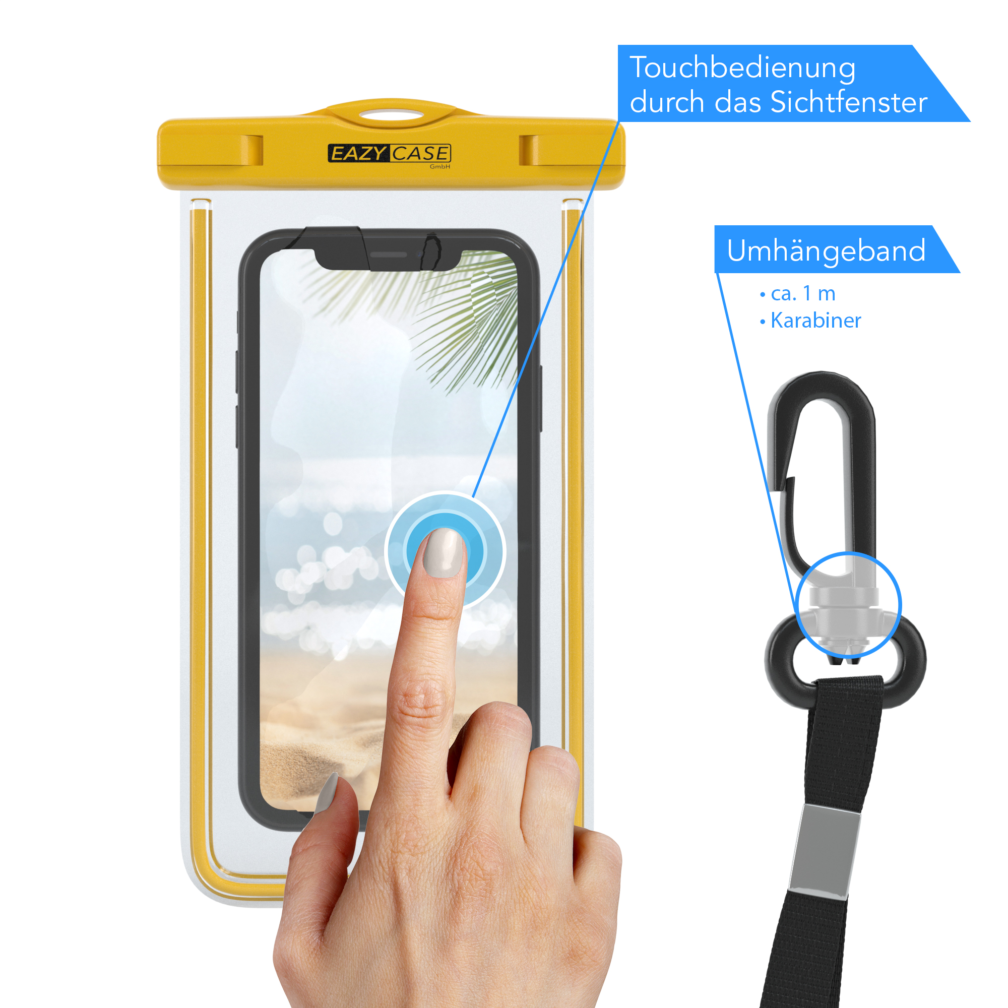 Gelbe wasserdichte Handytasche mit Hand, die den Bildschirm berührt, und Karabiner.