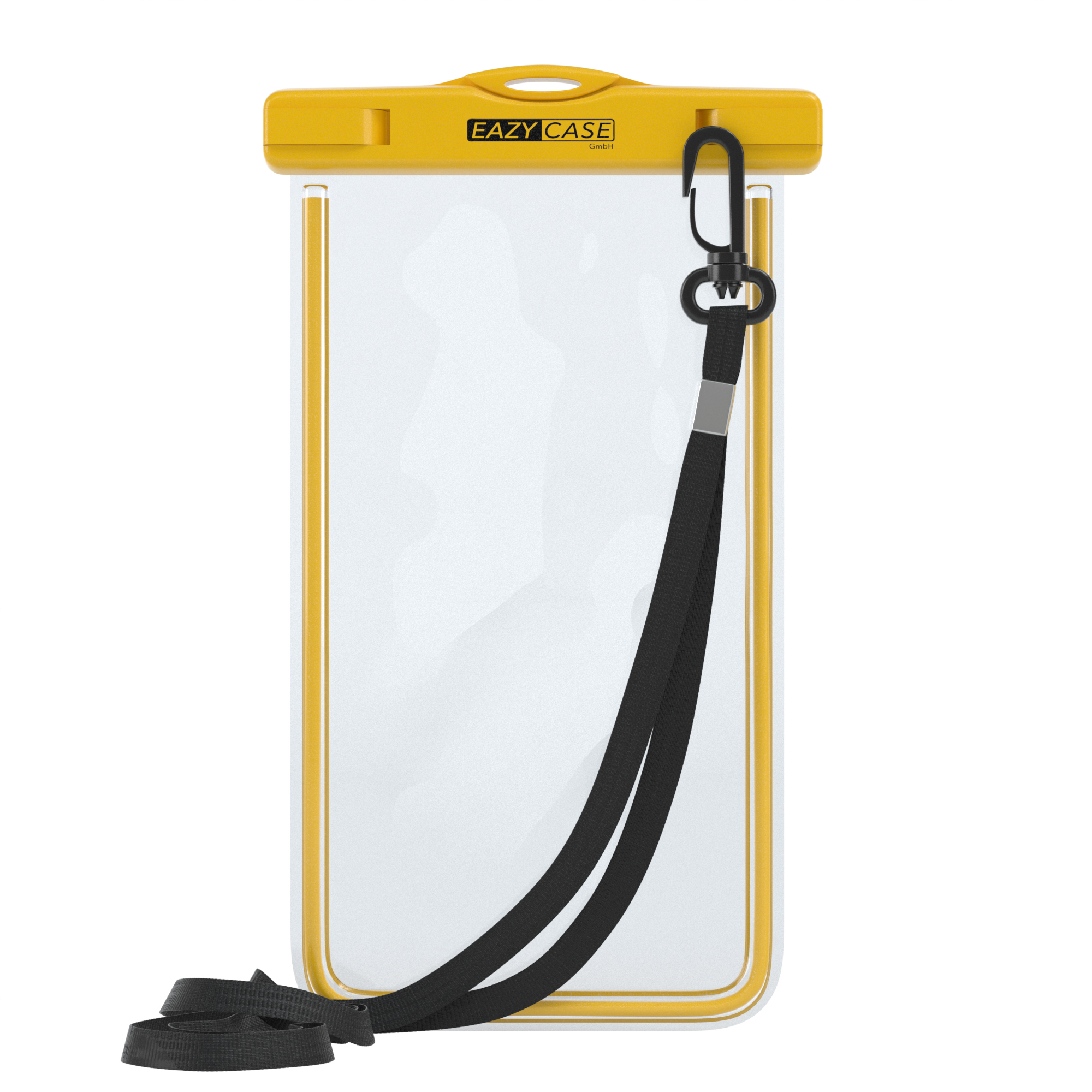 Eine gelbe und transparente wasserdichte Handyhülle mit schwarzem Riemen und Verschluss.