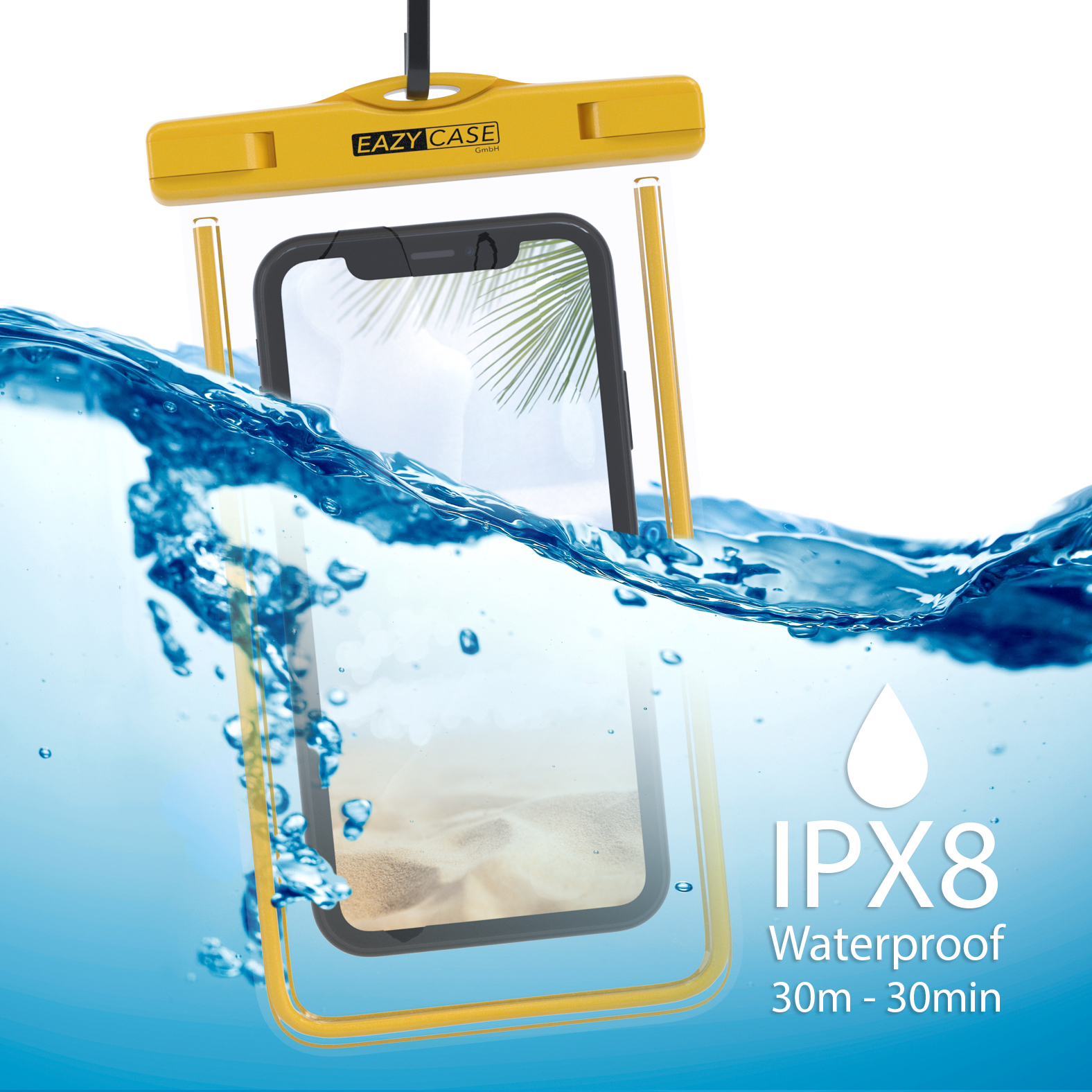 Eine gelbe wasserdichte Handyhülle unter Wasser. Das Telefon zeigt eine Strandszene. IPX8 wasserdichtes Etikett.