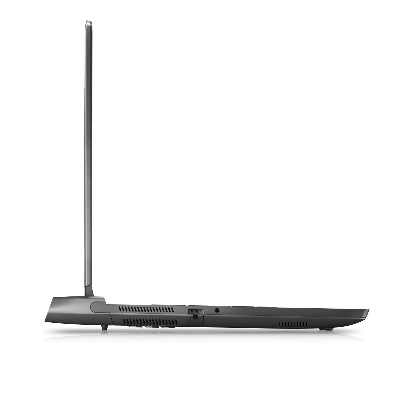 Seitenansicht eines Laptops, die das Profil zeigt. Der Laptop ist dünn und hat ein schlankes Design, weißer Hintergrund.