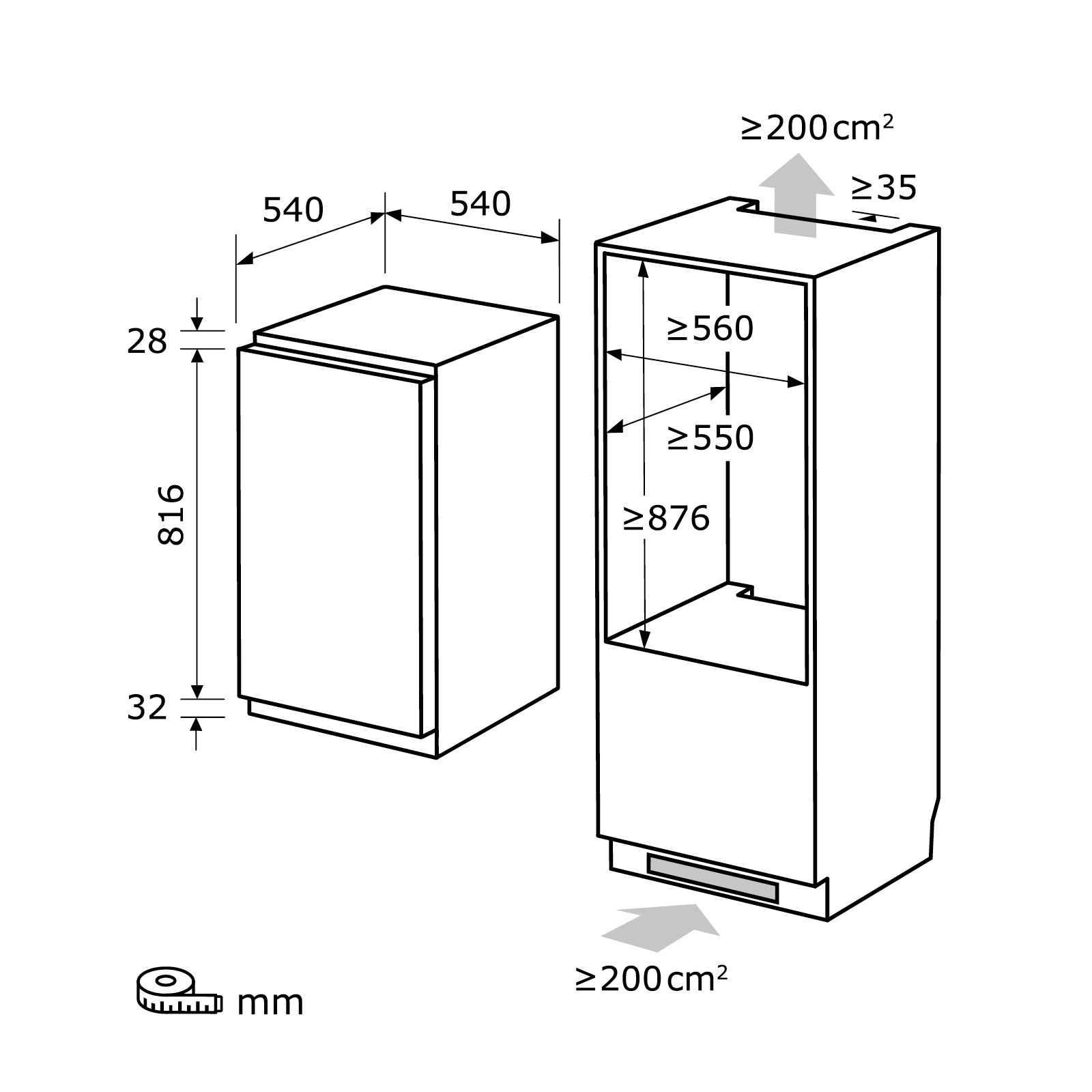 Diagramme d'un réfrigérateur et d'une armoire, avec dimensions en mm. Gris et blanc.