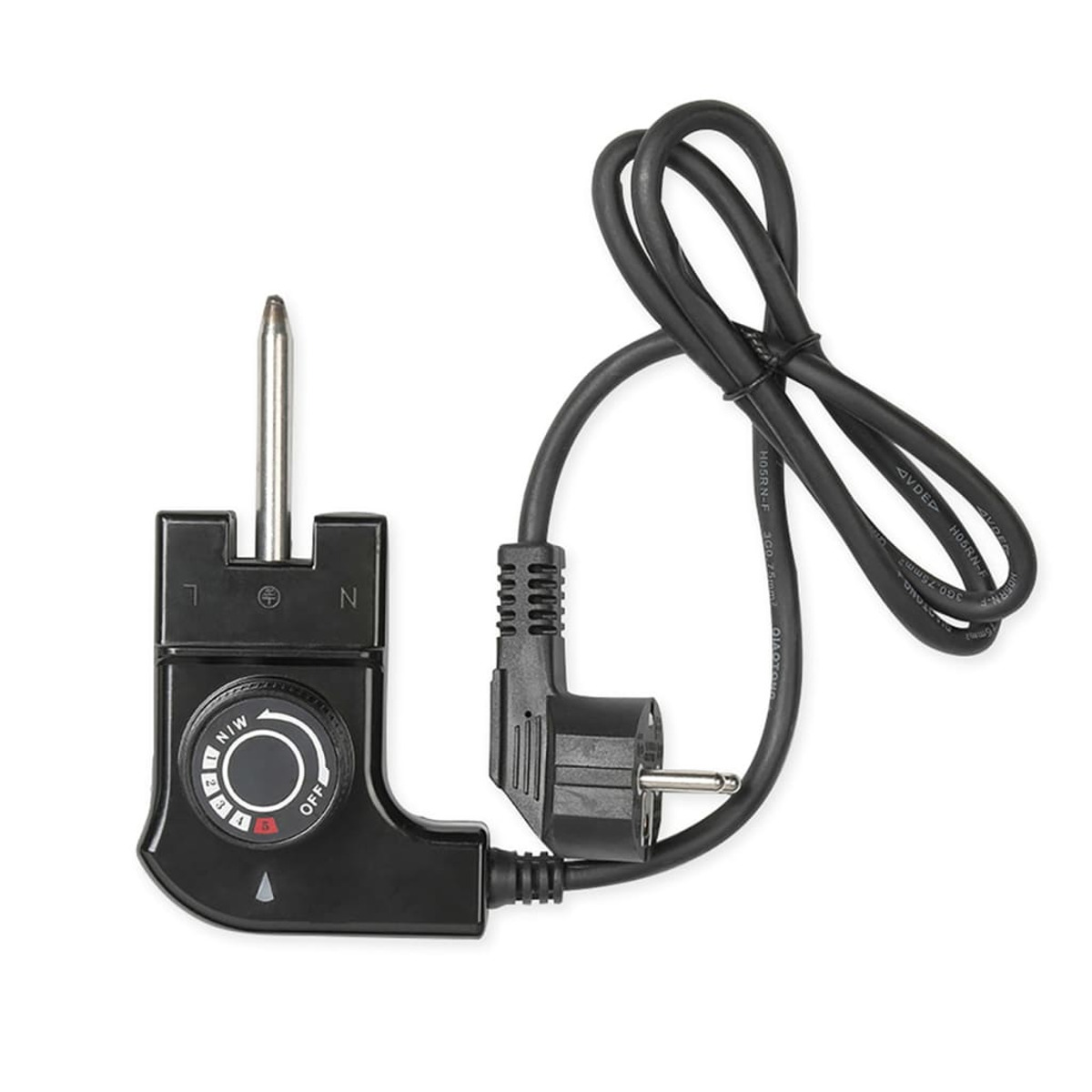 Schwarzer Temperaturregler mit Netzkabel und Stecker. Knopf zeigt Einstellungen. Draufsicht, weißer Hintergrund.