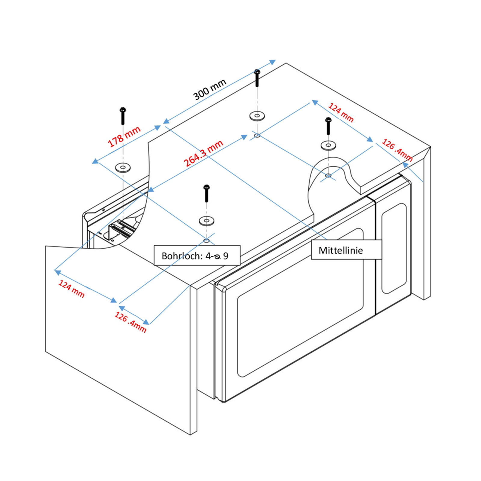Diagramm eines Einbau-Mikrowellenherds mit Maßen und Beschriftungen. Das Bild ist eine technische Zeichnung.